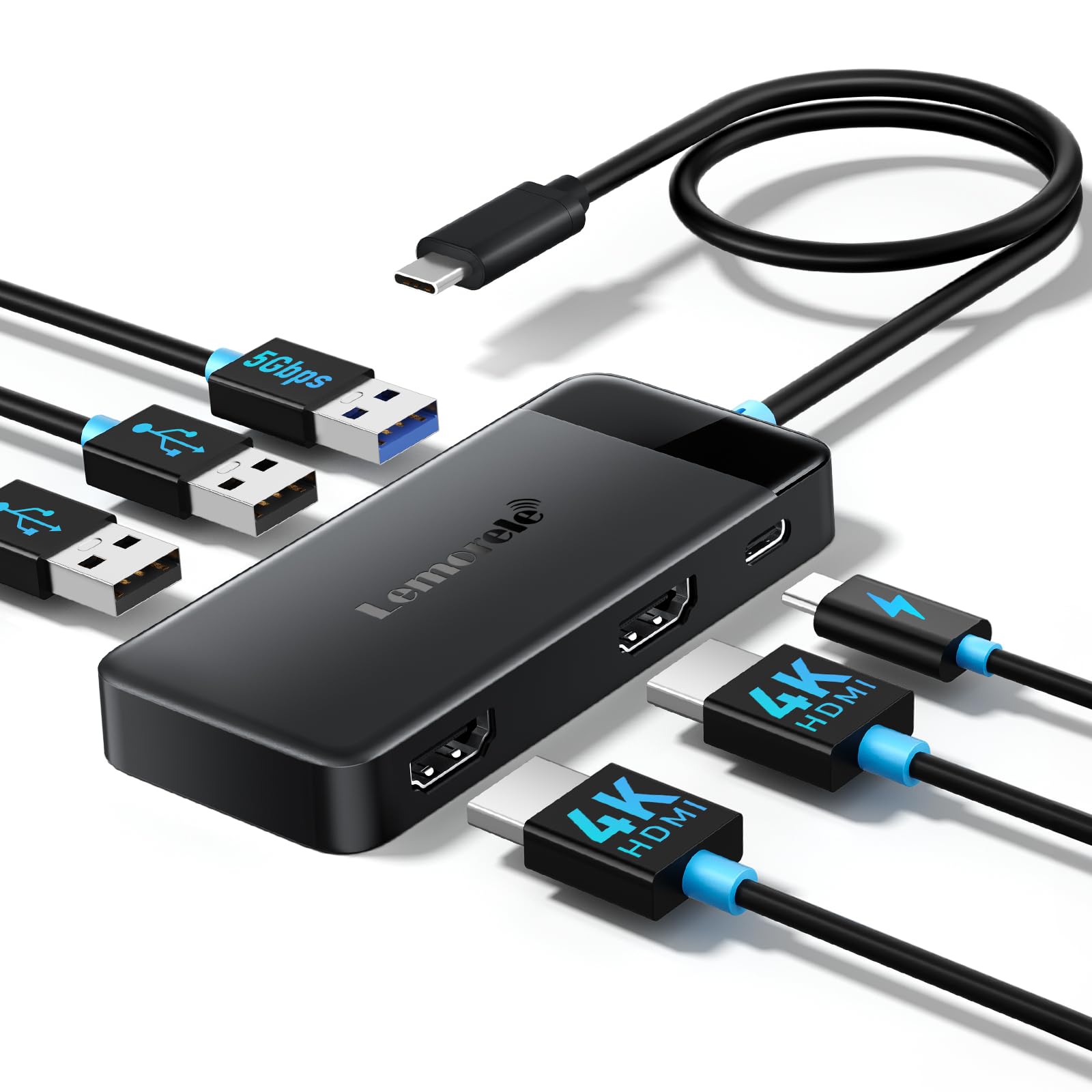 Lemorele USB C Hub 6-in-1 Dual HDMI 4K Docking Station - Long Cable Durable Hub with 100W PD Charging & USB 3.0, Wide Compatibility for Laptop/Gaming/Workstation