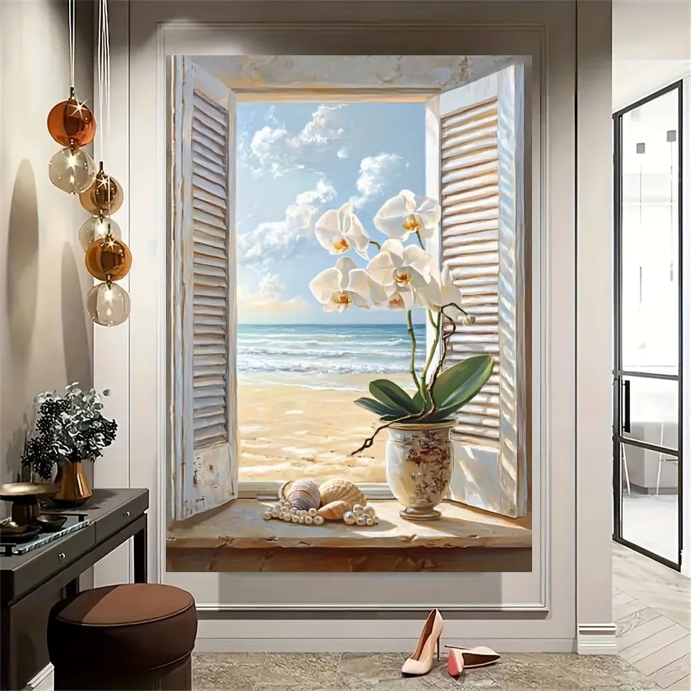 LTjiajuypd Orchid and Seaside Window View Canvas Posters, Wall arts for Living Room and Bedroom, Modern Still Life Vase Decoration(70x100CM/Frameless)