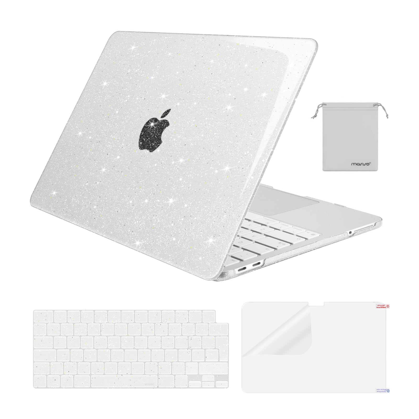 MOSISO Coque Pailletée Brillante Compatible MacBook Neo 13 Pouces 2026 A3404 Puce A18 Pro, Rigide Antifissure, Film Clavier, Protection Écran & Sac Rangement Transparent