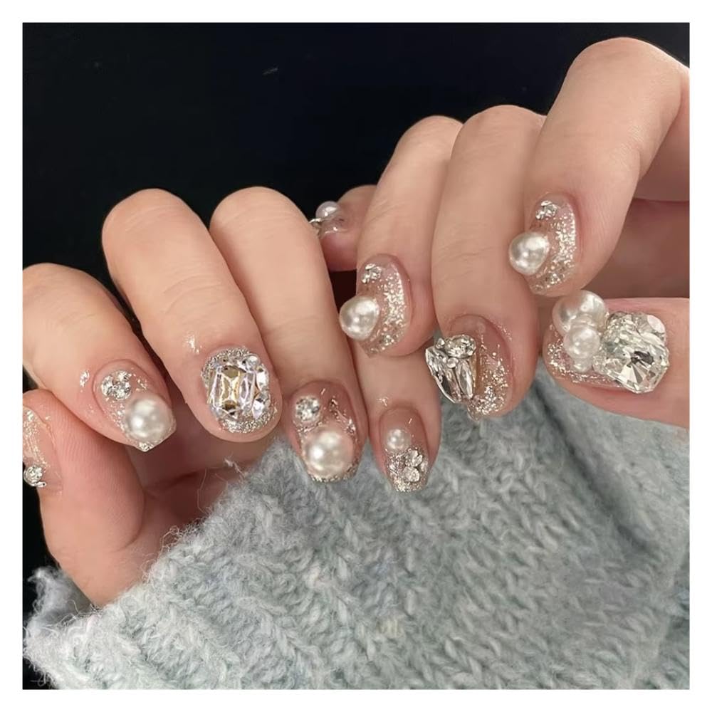 24Pcs Short Square Head Press On False Nails Pearl Rhinestone Shiny Powder Gradient Fake Nails Manicure Decorations(Y3)