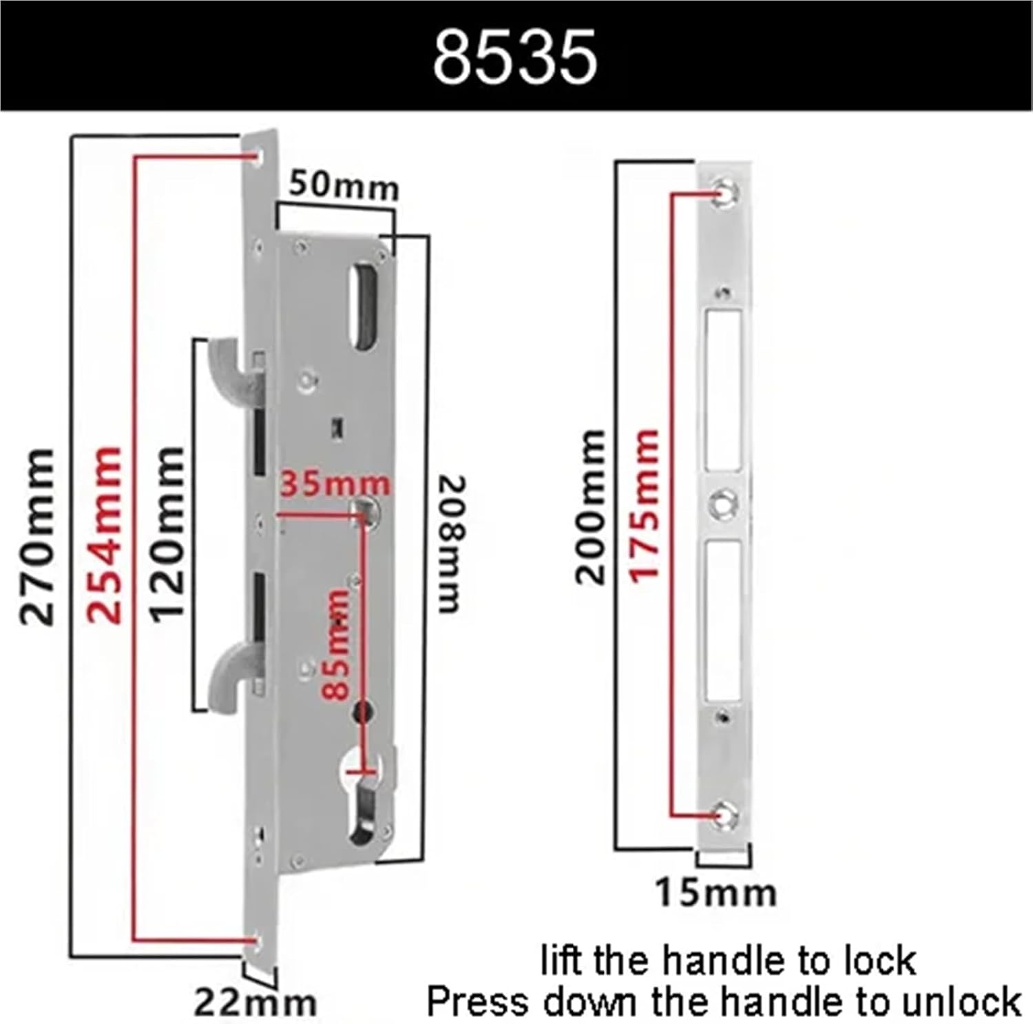 85 Double Hook Lock Body Stainless Steel Heavy Duty Sliding Door Broken Bridge Aluminum 1Pcs(8535)