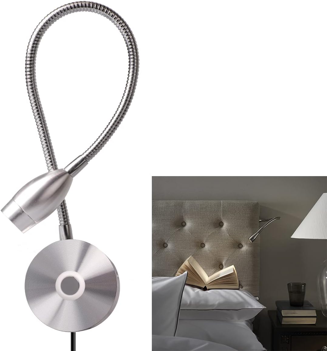 ALLDIOBook Lights for Reading in Bed Dimmable Touch Switch Reading Lamps Bedside Wall Mounted LED Gooseneck Headboard Spotlight (3W, Warm White)