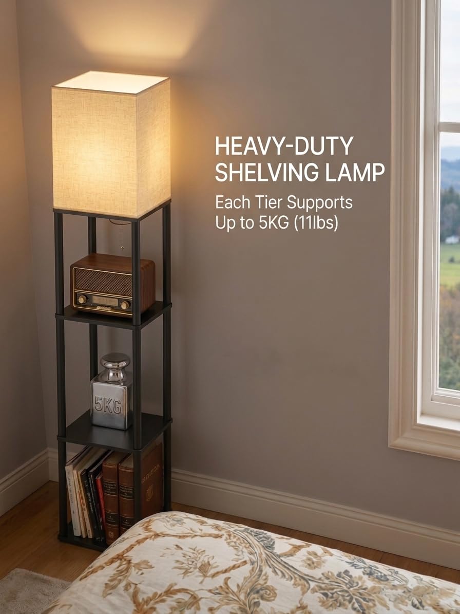 Aimosen Stehlampe mit Regal aus Holz & Metall, LED Stehleuchte mit 3 Farbtemperaturen, 3-stufiges Ablage-Regal, 9W E27 LED, moderne Stehlampe für Wohnzimmer Schlafzimmer Büro, Schwarz
