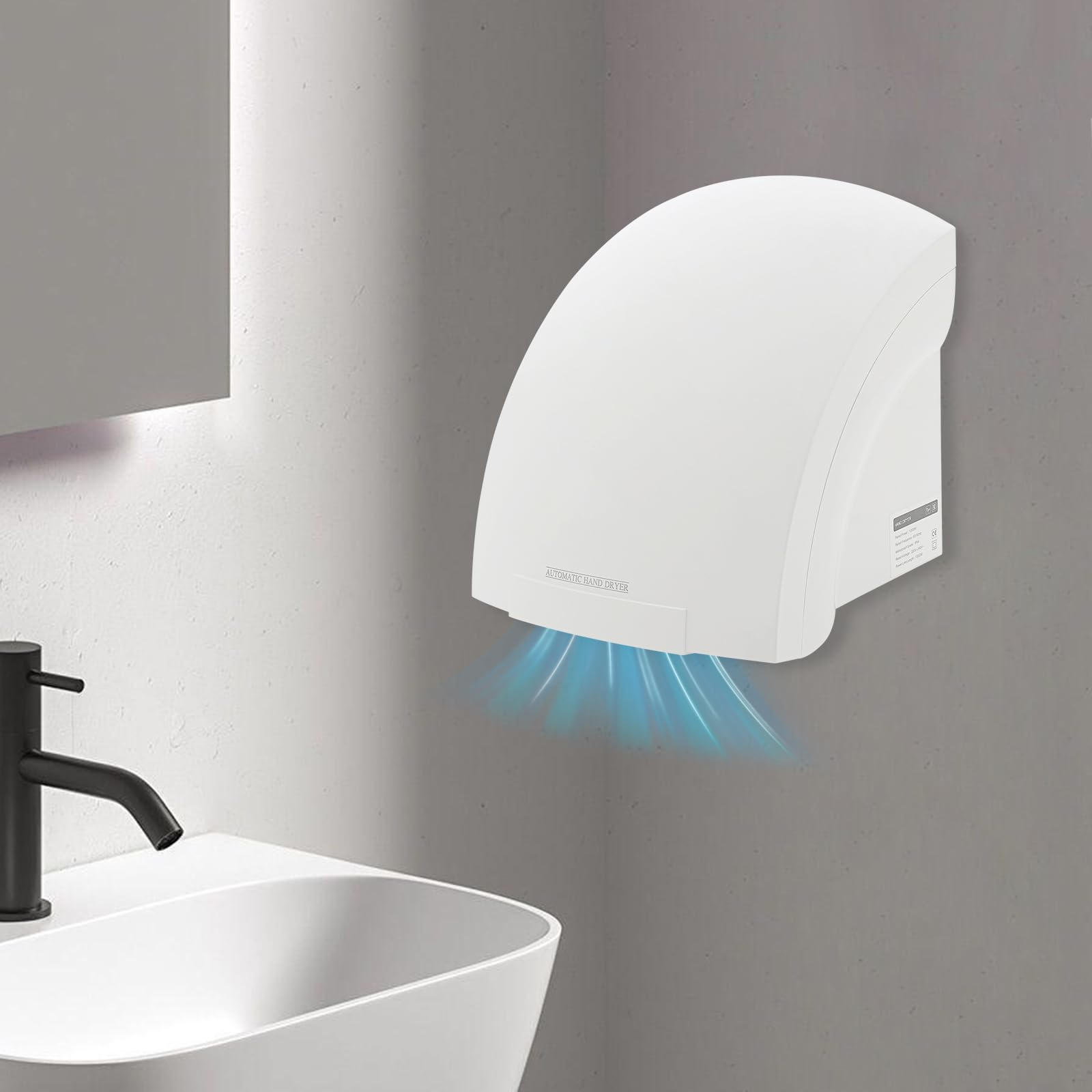 Secador de manos eléctrico con sensor infrarrojo automático, montaje en pared, sin contacto, para baño, aseos comerciales y domésticos, bajo ruido (70 db)
