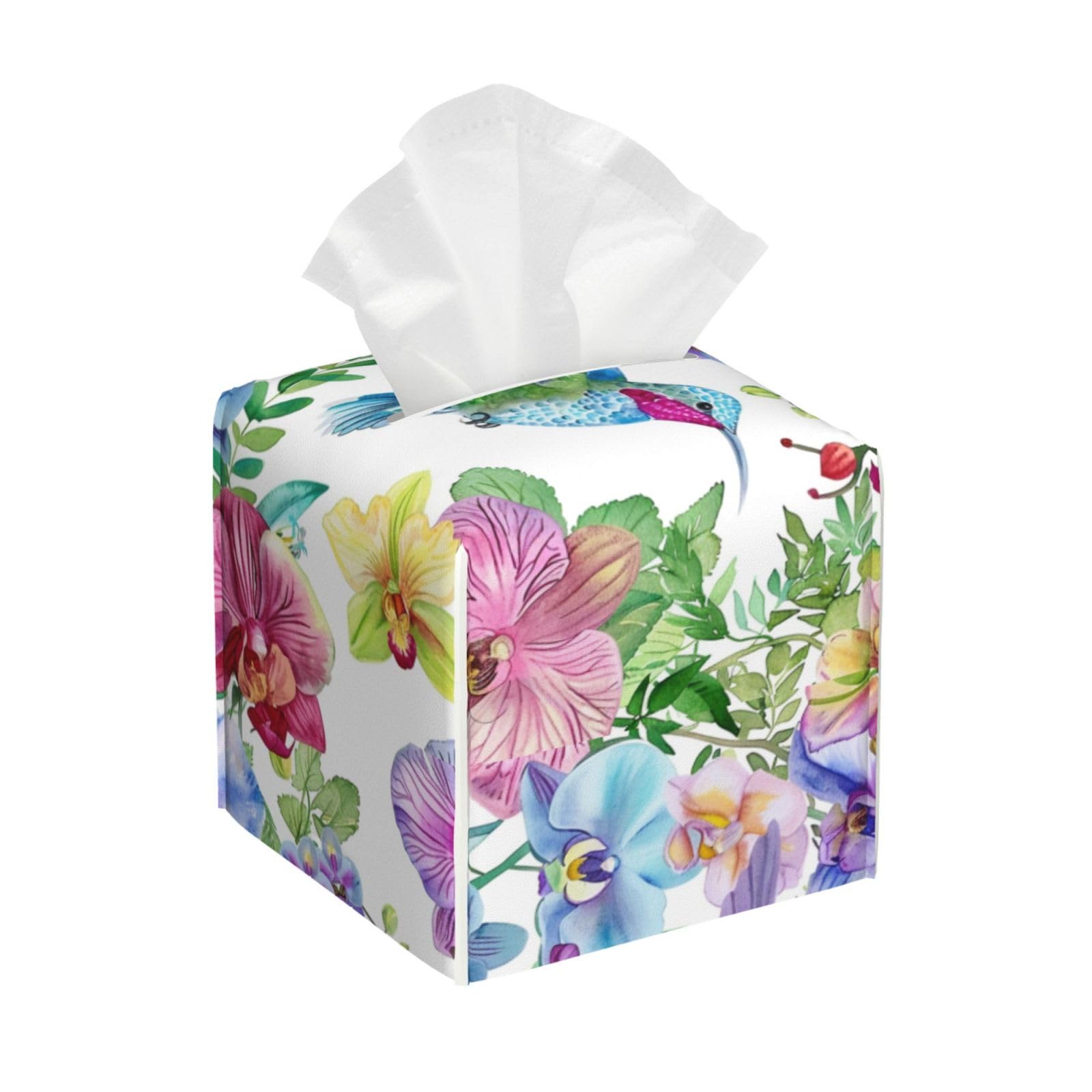 Square Tissue Box Cover, Leather Tissue Cube Box Holder, Watercolor Hummingbird Flower Floral Nature Plant Facial Paper Case for Tabletop, Bathroom, Car, Office 5.2"x5.2"x5.2"in