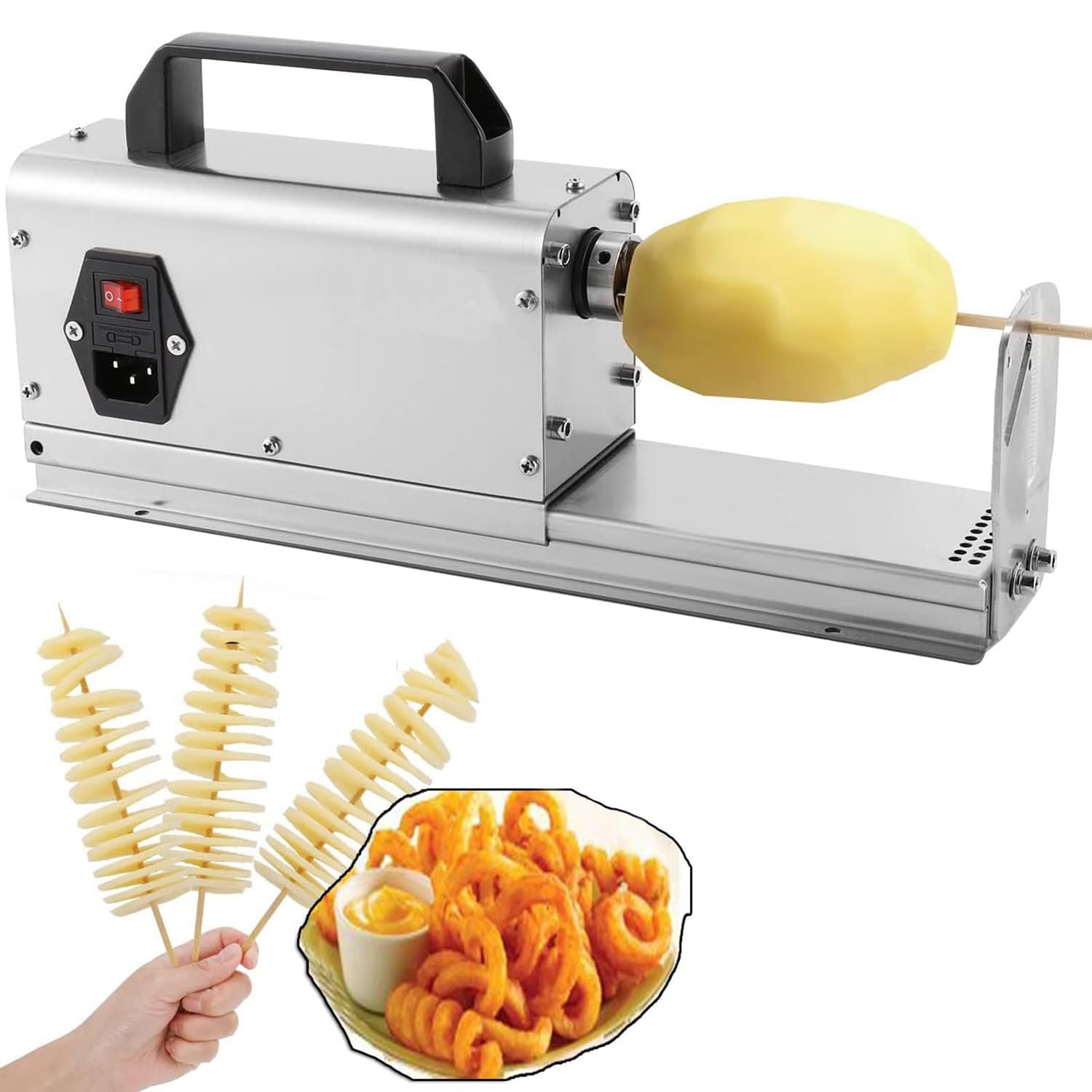 DFEDHF 3-in-1 Electric Tornado Potato Slicer, 180RPM/Min Homemade Potato Chip Slicer, 2 Sets of Blades (2mm/2.5mm), Full Stainless Steel Automatic Cutter Machine