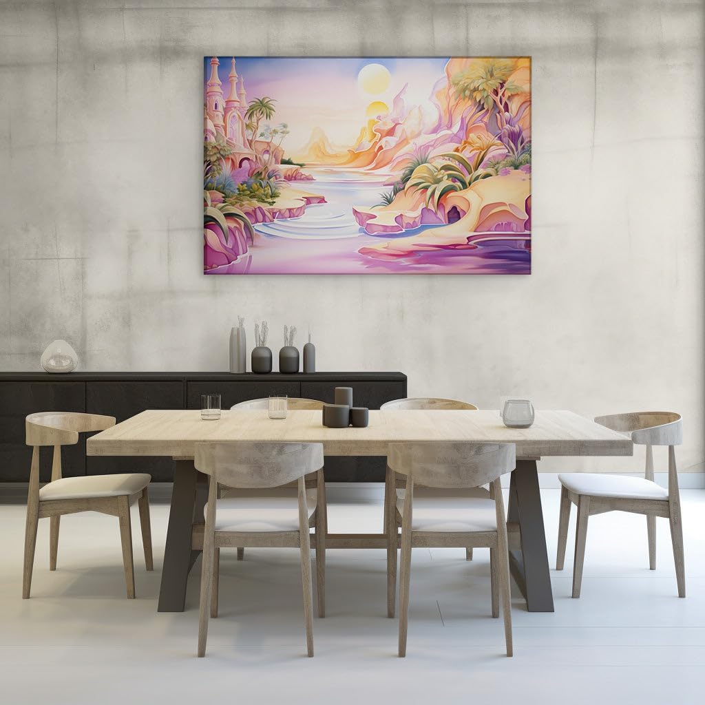 Canvas for Living room. Sunset Serenity: The Enchanted Riverside Castle Oasis, 27 x 18 inch Canvas Wall Art - Contemporary Masterpieces - Modern Home Decor - 69x46 cm (27x18 inch)