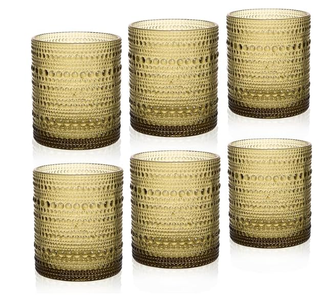 Image of Cocktail Glasses 10 oz Hobnail Drinking Glasses Set of 6, Vintage Glassware, Textured Glass Cups Bubble Glasses Water Glasses Old Fashion Jupiter Glasses Set, Green