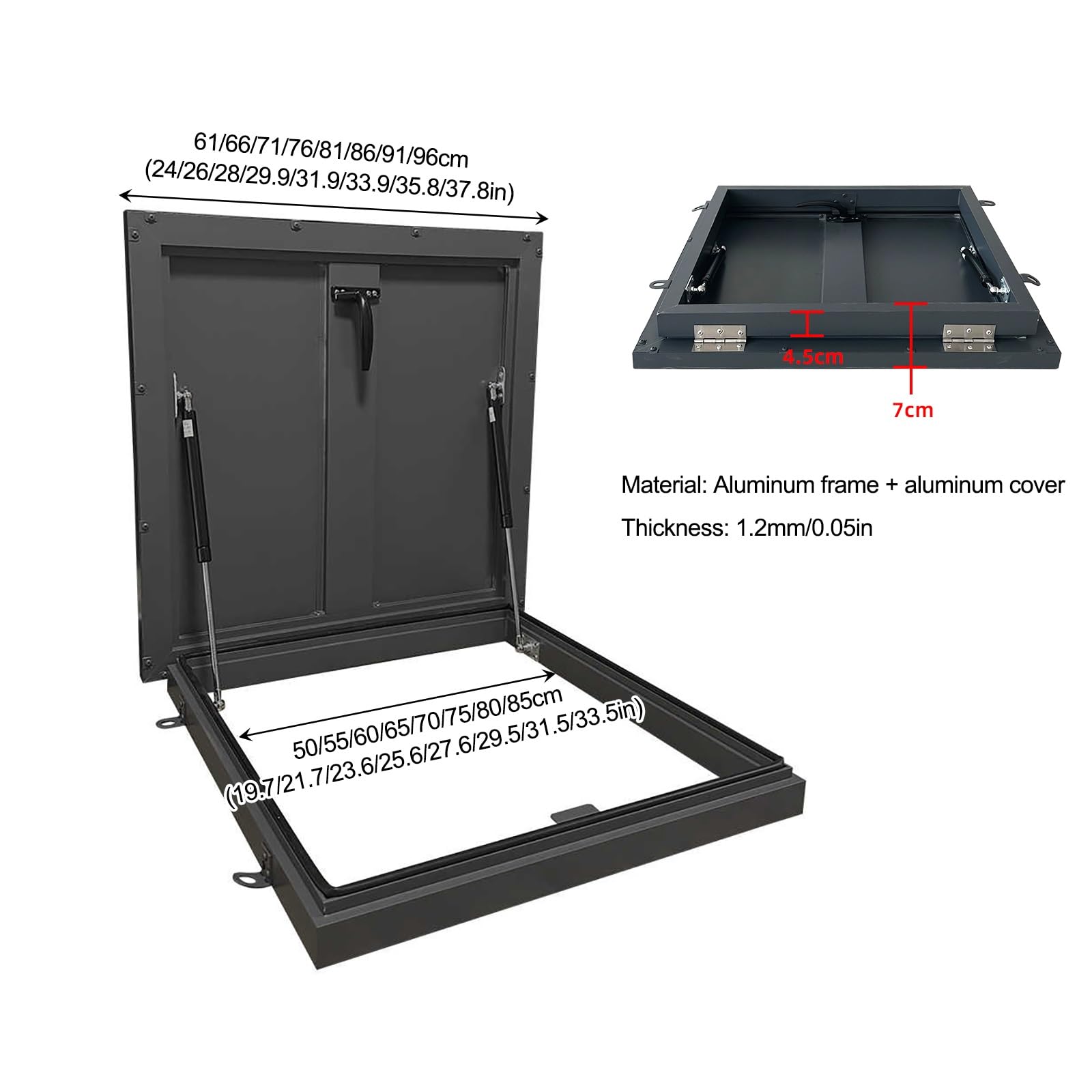 Trappe d'accès de toit robuste facile à ouvrir avec barres de support Porte d'accès scellée pour entrepôts 81 x 81 cm Durable et fiable