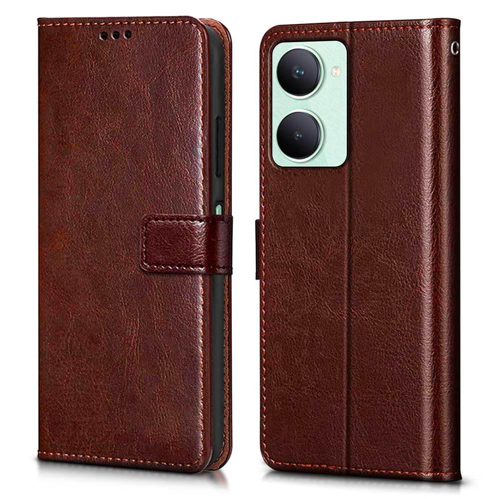 WOW IMAGINE Shock Proof Flip Cover Back Case Cover for iQOO Z9 Lite | Vivo T3 Lite 5G | Y18t | Y18 | Y18e | Y03 | Y28s | Y37 (Flexible | Leather Finish | Card Pockets Wallet & Stand | Brown)
