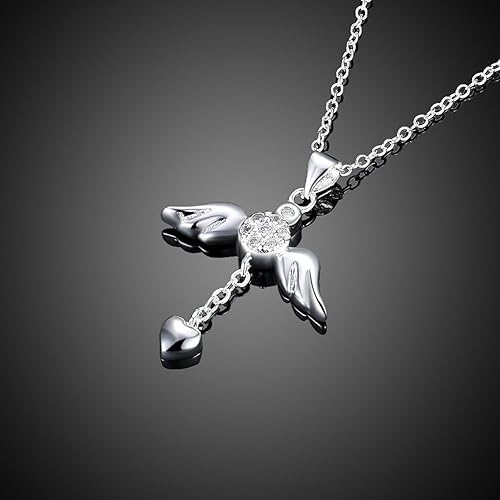 Miniatura 3 de Collar con colgante de plata de ley 925 con circonita cúbica y alas de ángel, diseño de corazón, 18.0in