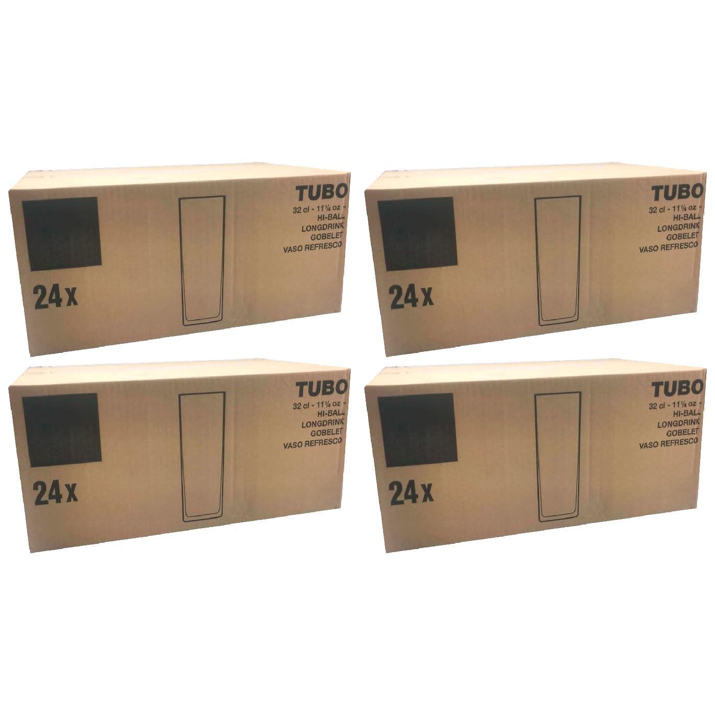Acan Tradineur - Pack de 4 Cajas de 24 Vasos Modelo Tubo - Capacidad: 320 ml - Fabricado en Vidrio Resistente - Apto para lavavajillas - Tamaño aprox: Ø 6 x 16,5 cm - 96 Uds Totales