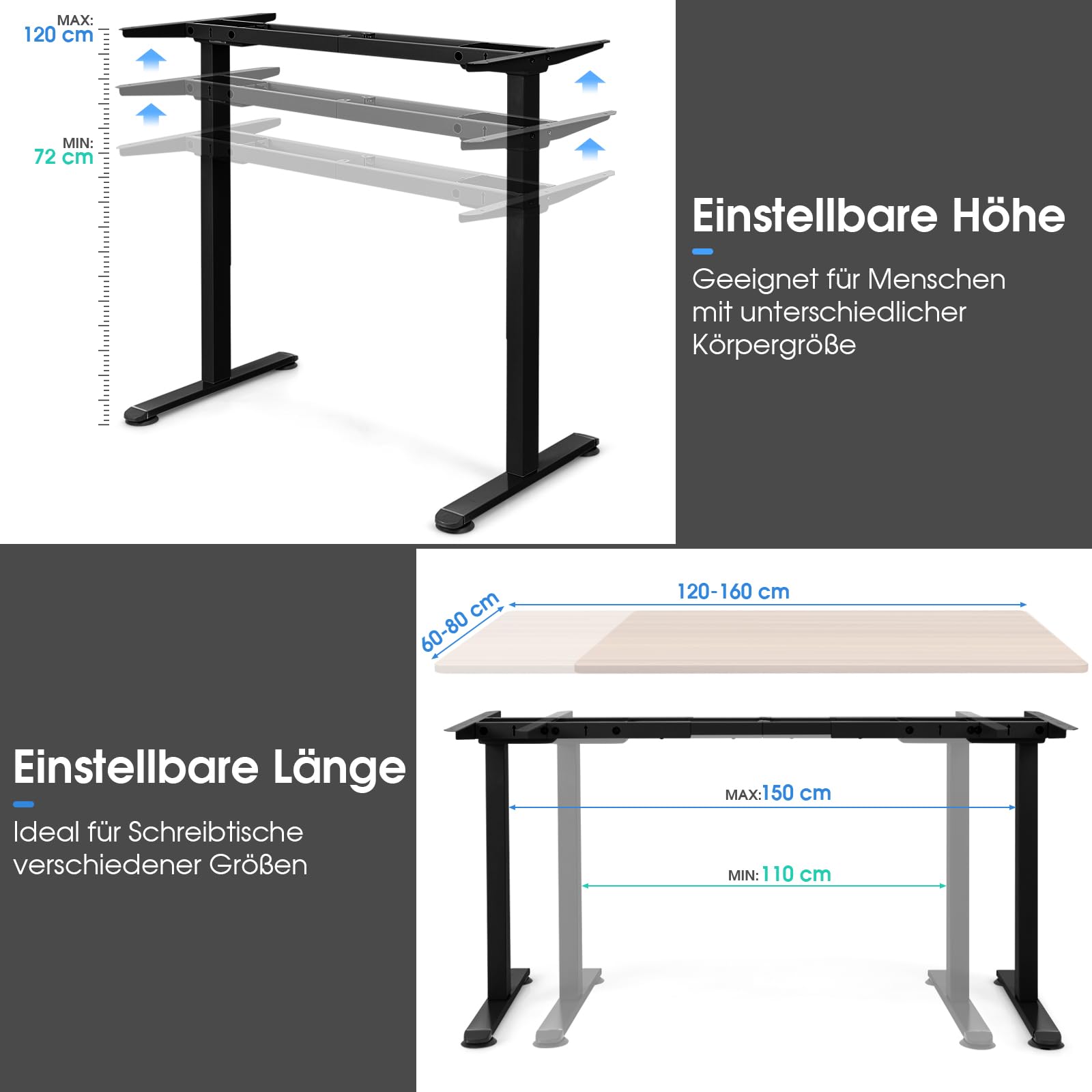 COSTWAY Elektrischer Tischgestell, Stehpultgestell Breit- & Höhenverstellbar, 2 Motoren | 4 Memory-Steuerung | Kollisionschutz, Pultgestell Schreibtisch Rahmen ergonomisch, Zuhause Büro (Black)