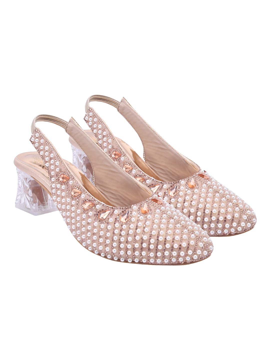 shoetopia Women’s Embellished Ethnic Slingback Heels – Pearl & Stone Studded Party Juttis with Transparent Block Heel – Traditional Bridal & Festive Footwear-picture-38