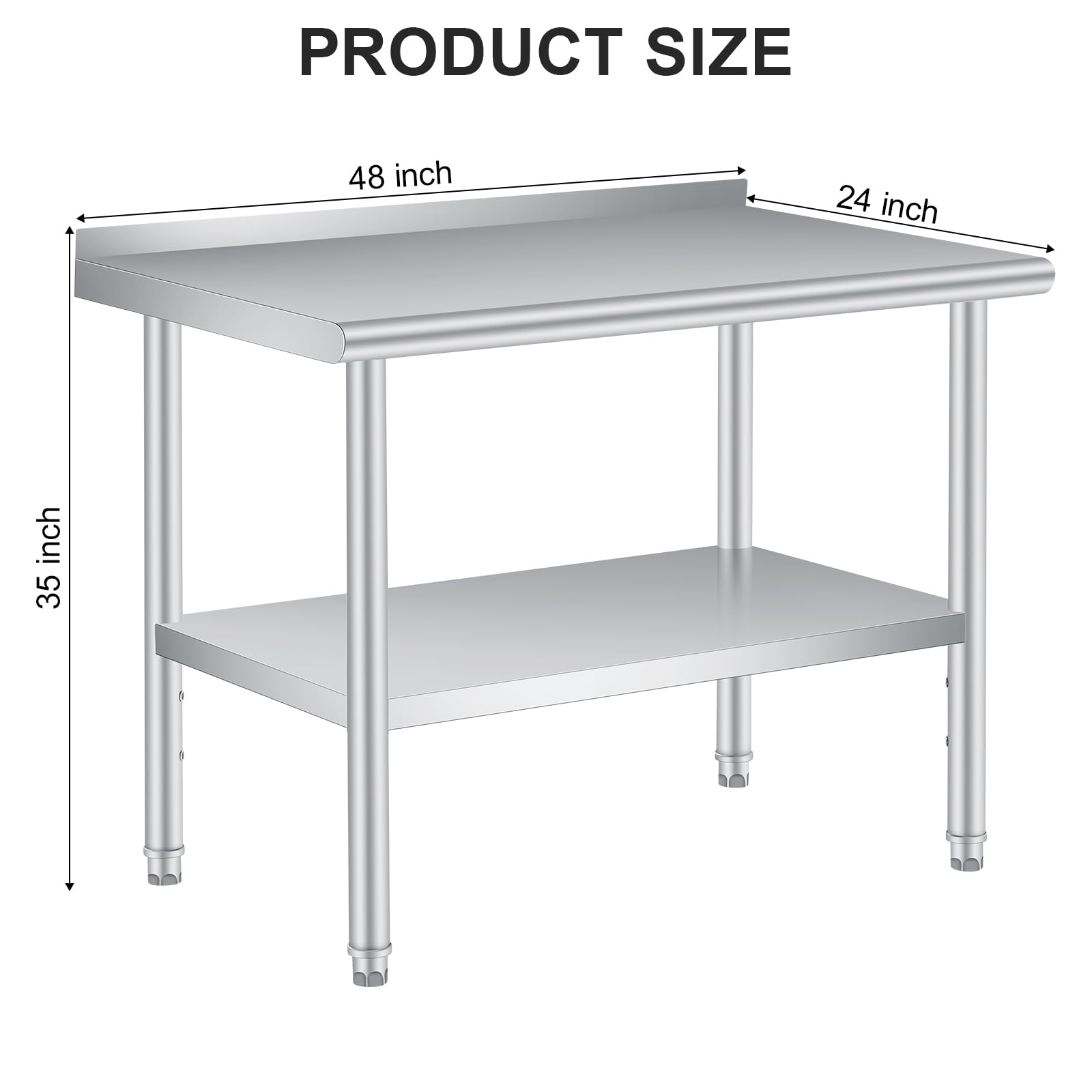 Acekool Table de travail professionnelle en acier inoxydable - Résistante, dosseret, étagère inférieure réglable - Pour cuisine de restaurant, service alimentaire, commerce ou externeérieur - Taille :
