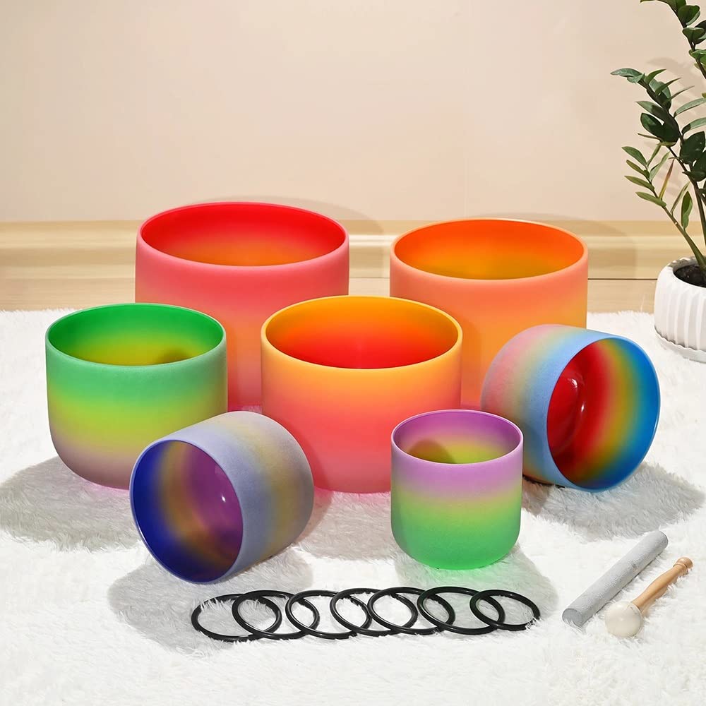 6-12 Inch Colored Crystal Singing Bowls Set, With Carrying Bags Suede Sticks Rubber Mallets, Adjusting Emotional State(440hz)