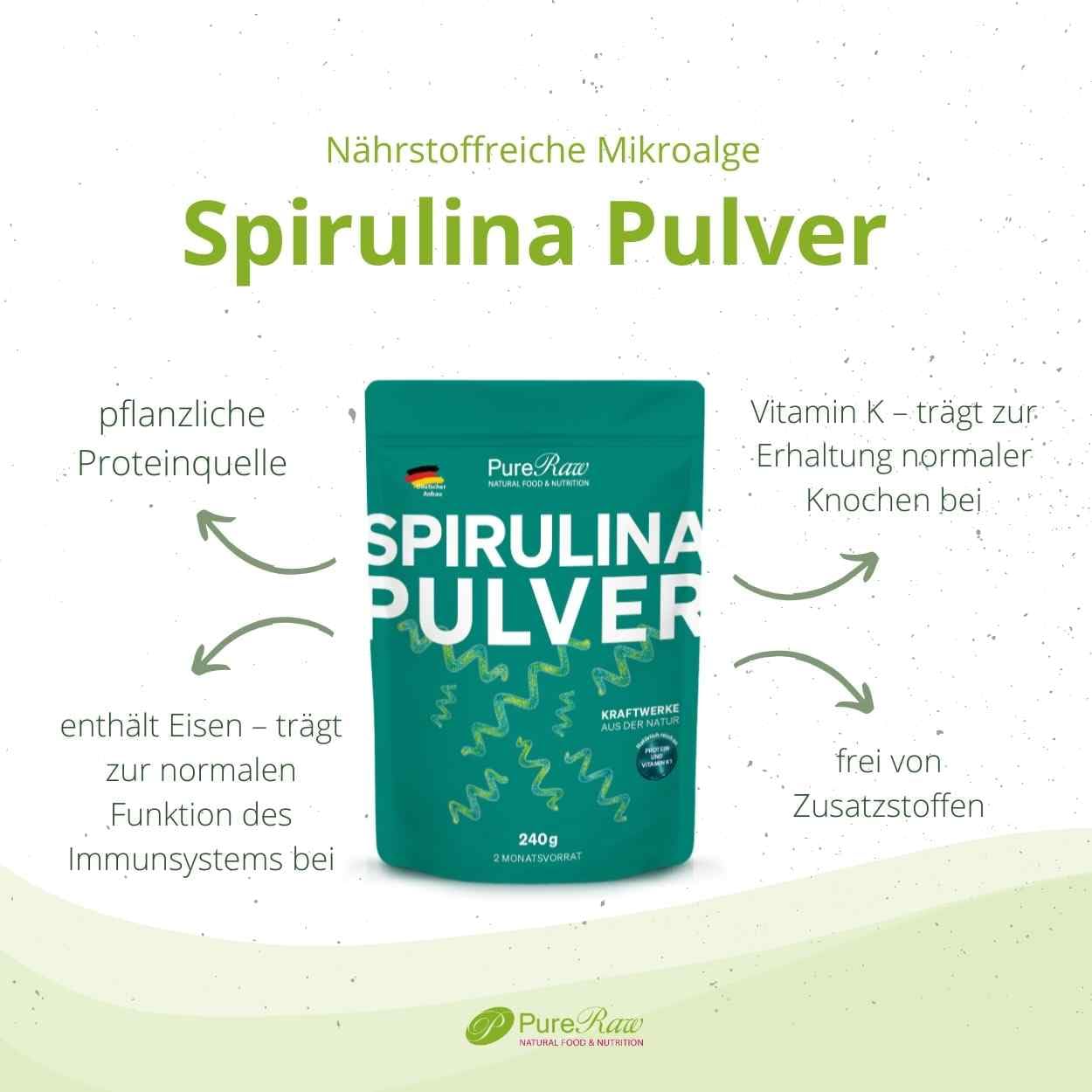 Spirulina Pulver 240 g aus Deutschland – Premium Spirulina Platensis Alge I 100% reine Mikroalge I Rohkostqualität & Vegan I Pflanzliche Proteinquelle I mit Vitamin K1 I Qualitätskontrolliert