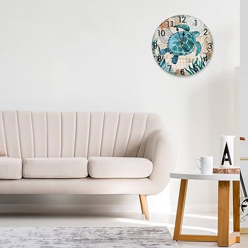 Miniatura 2 de Reloj de pared retro con mapa náutico de tortuga marina azul, funciona con pilas, silencioso, sin tictac, decoración de pared para el hogar,