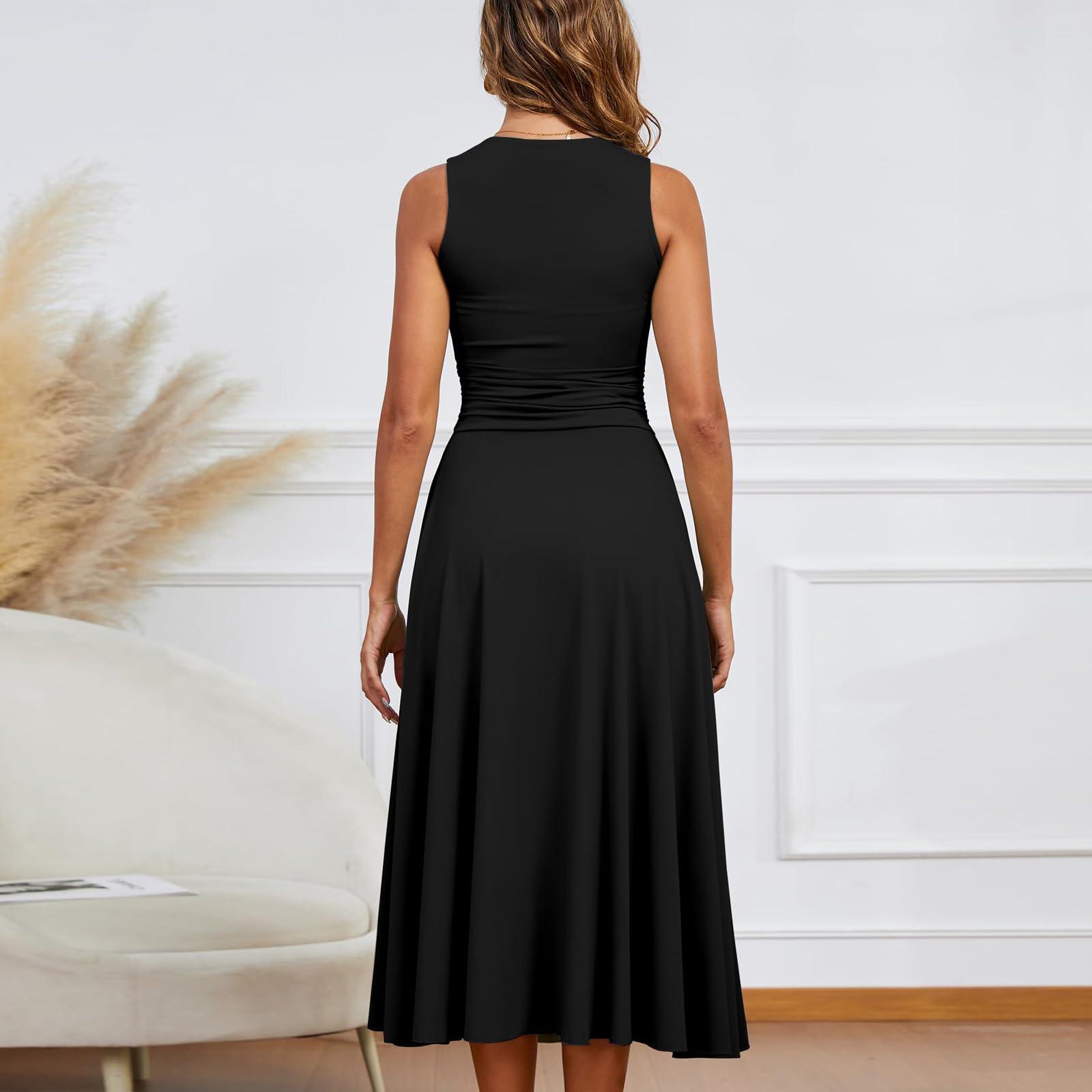 Abito Elegante Cerimonia Lungo Donna Sexy Vestito Senza Maniche Scollo Quadrato Maxi Abiti Aderente da Cocktail Linea A Swing Abito Solido Pieghe in Vita per Festa Discoteca Club Sera