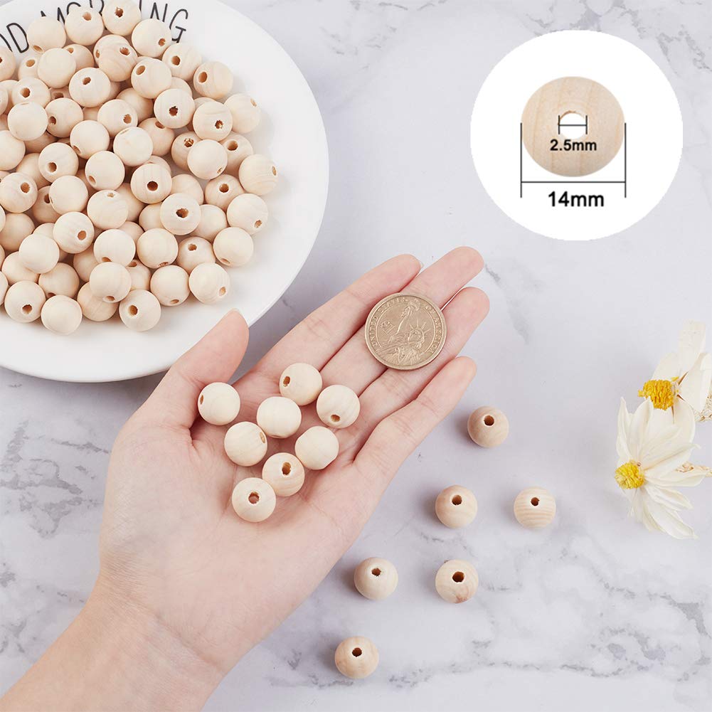 PH PandaHall 1140 cuentas de madera redondas naturales de 14 mm, cuentas espaciadoras de madera para manualidades, bricolaje y joyería
