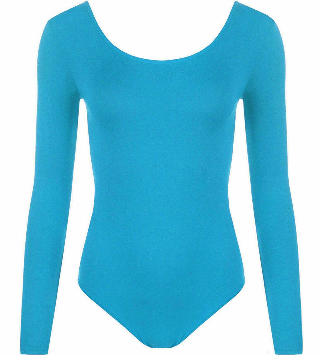 FAIRY TRENDZ LTD Women Stretch Bodysuit Long Sleeve Top Girls Plain Scoop Neck Leotard Body Top T Shirt