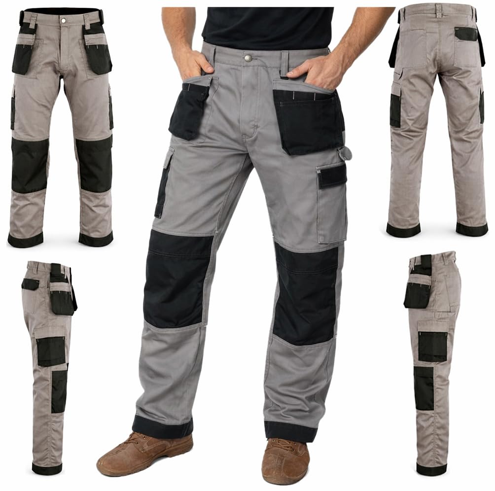 Grs Men's Grey Multi Pockets Combat Cargo Work Trousers With Knee Pad Pockets, 32" Waist - Regular