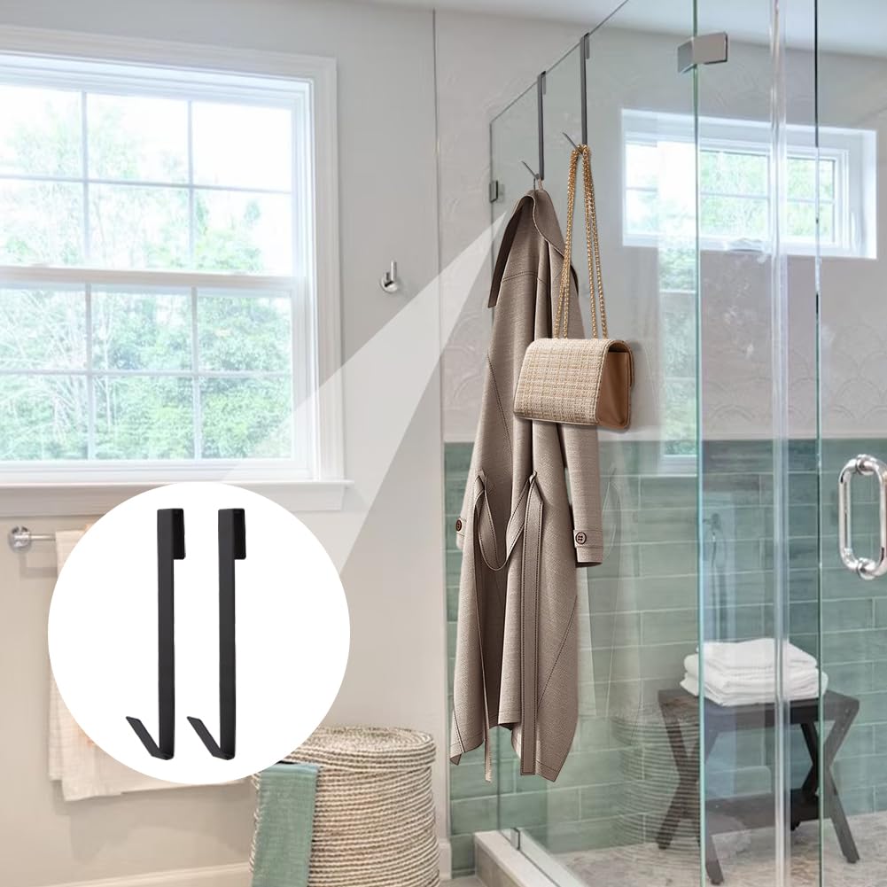 Drilling-Free Extended Shower Towel Hooks - 4 pcs, Fits Frameless Glass Shower Door Thickness Under 0.79 inch/20mm (Black - 10 inch)