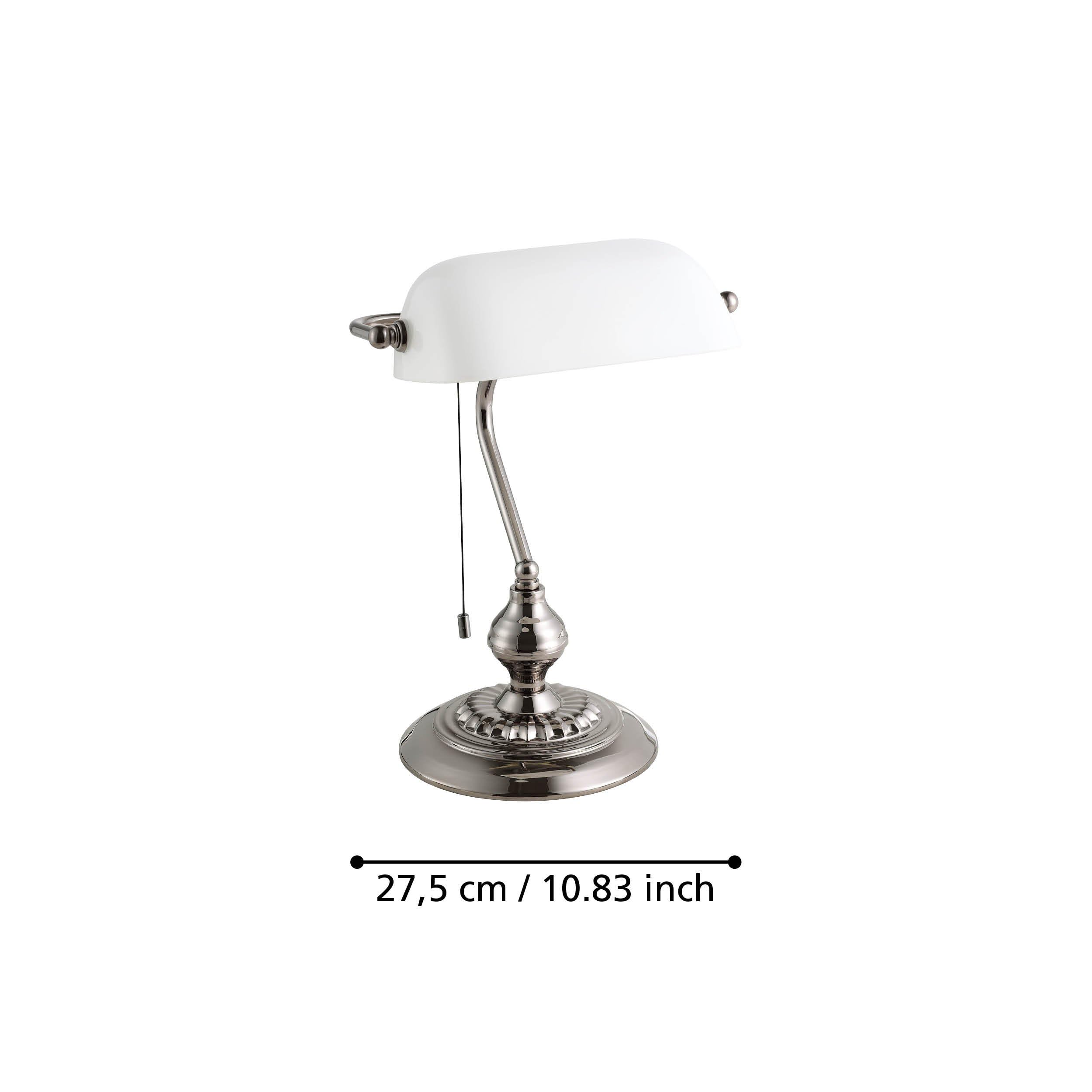Eglo Lampe de table Banker, luminaire pour bureau vintage, rétro bureau, en | métal nickel-noir et verre satiné blanc, chevet à chaîne, douille E27