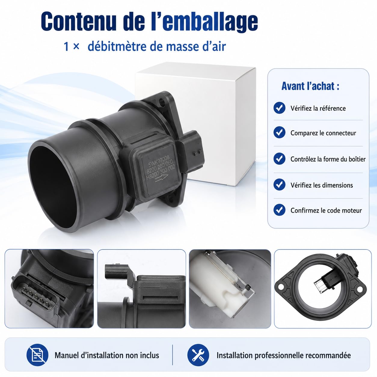 Débitmètre de Masse d’Air 5WK97008Z Compatible avec Renault Kangoo Mégane Scénic Trafic Master, Opel Vivaro Movano, Nissan Interstar Qashqai, 8200280060 H8200300002