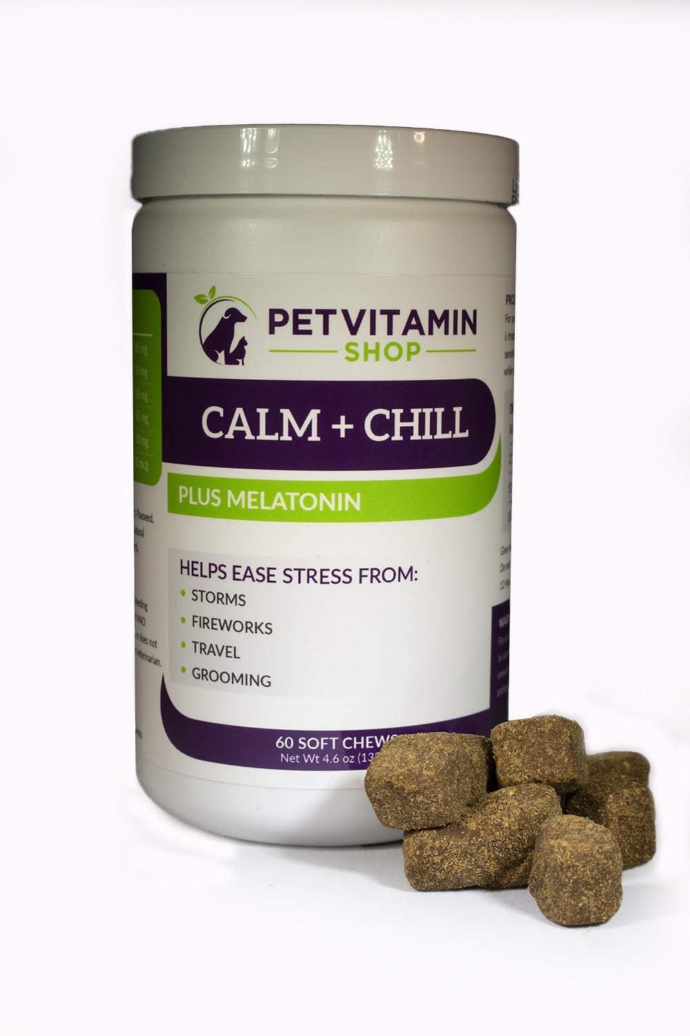 Pet Vitamin Shop Calm Chill Calming Aid Melatonin Soft Chew Supplement for Dogs Anxiety Calming Supplement 60 Count
