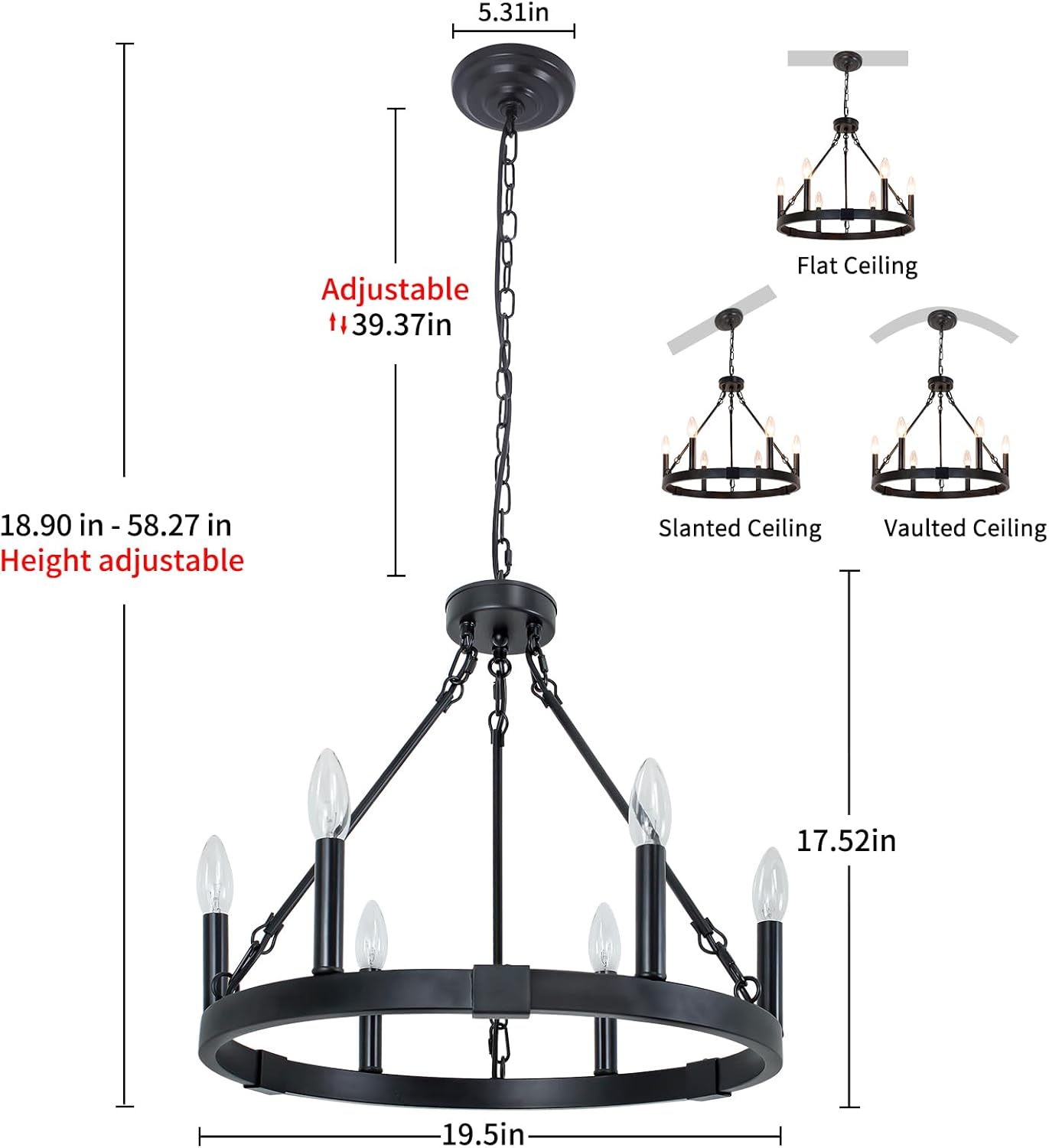 19.5" 6 Lights Wagon Wheel Chandelier, Black Farmhouse Metal Round Industrial Kitchen Island Pendant Light for Living Dining Room Foyer Entryway, Height Adjustable, E12 Socket