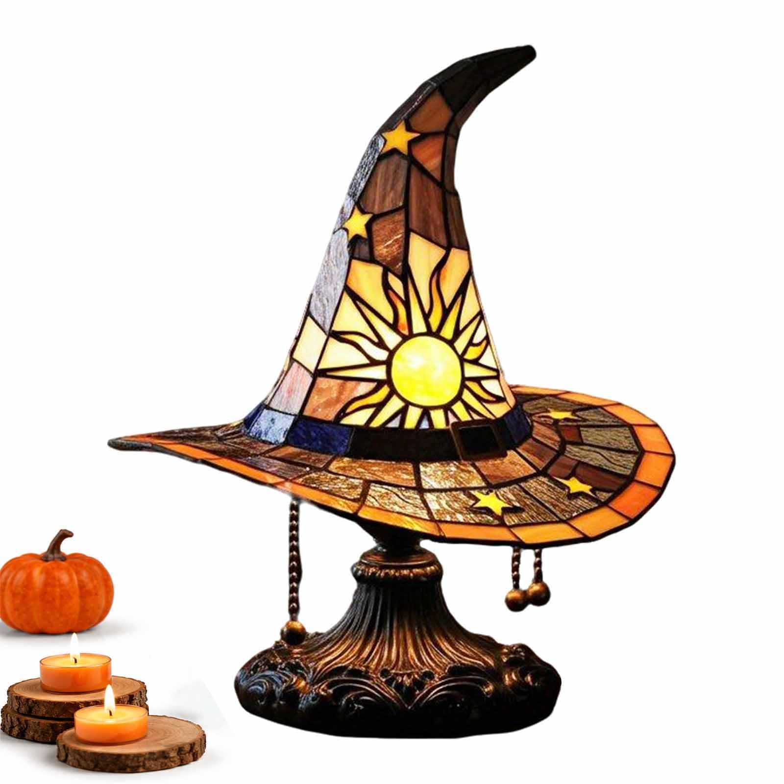 Xiaoheitutu Halloween Witch Hat Lamp, Gothic Resin Accent Light with Colorful Glass-Look Design, Spooky Tabletop Shelf Decor for Bedroom, Bookshelf, Mantel and Halloween Gifts (Orange,L)