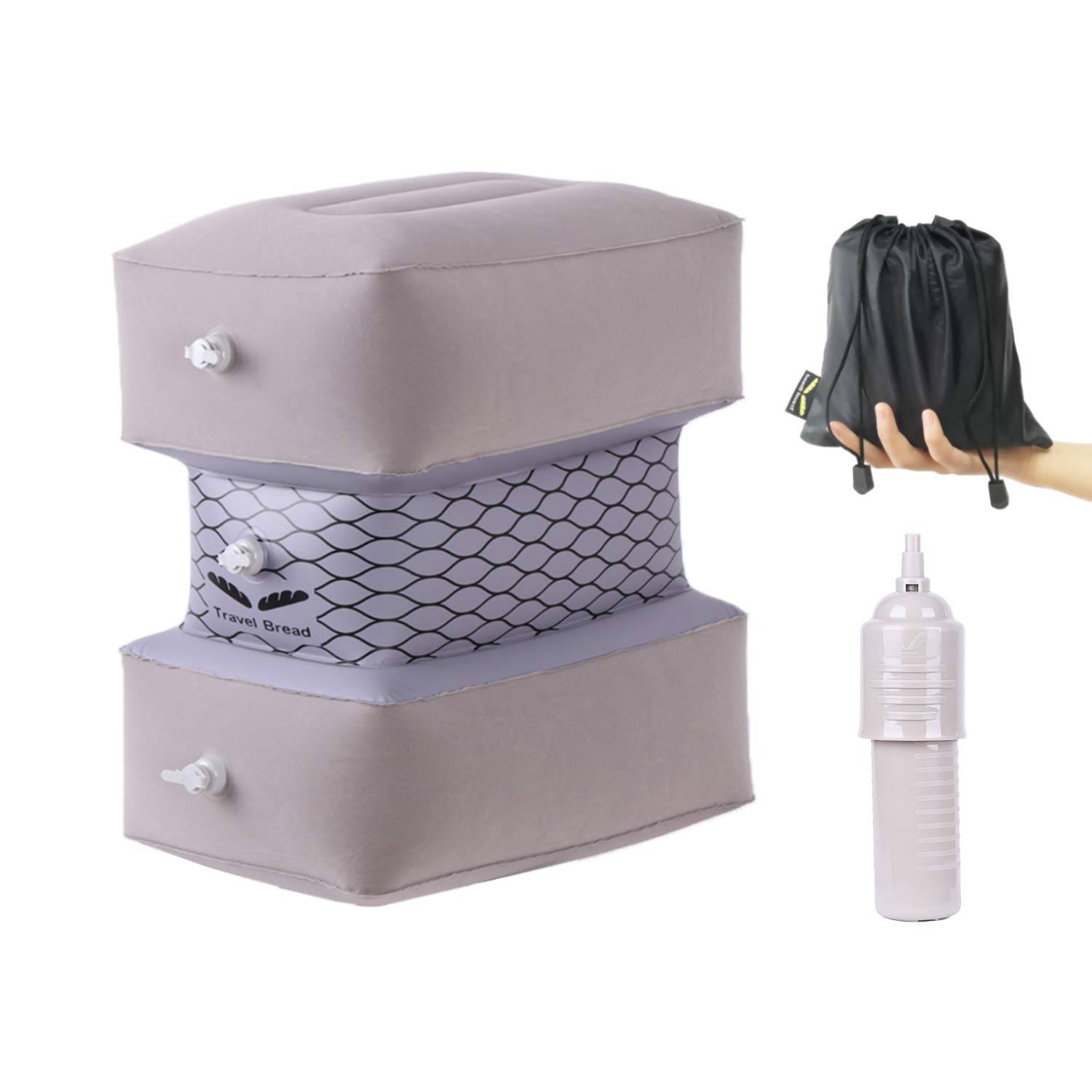 Travel Foot Rest Pillow, Inflatable Kids & Adults Footrest Pillow with Pump, 3 Levels Adjustable Height Travel Leg Rest Pillow for Airplane, Car, Office, Home (Grey)