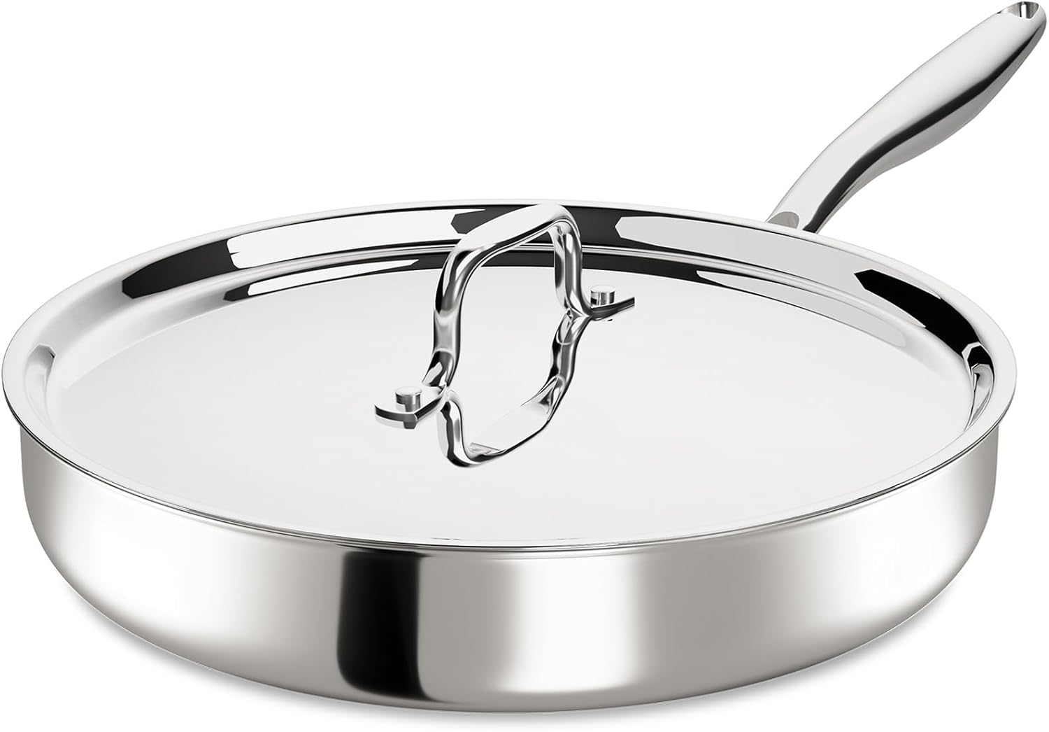 12 Inch Tri-Ply Stainless Steel Frying Pan, Frying Pan with Lid, PFOA/PTFE Free Skillet, Induction Cooking Pans, Dishwasher & Oven Broiler Safe 600F, Professional Cookware, Heavy Duty & Even Heat - Thumbnail 4