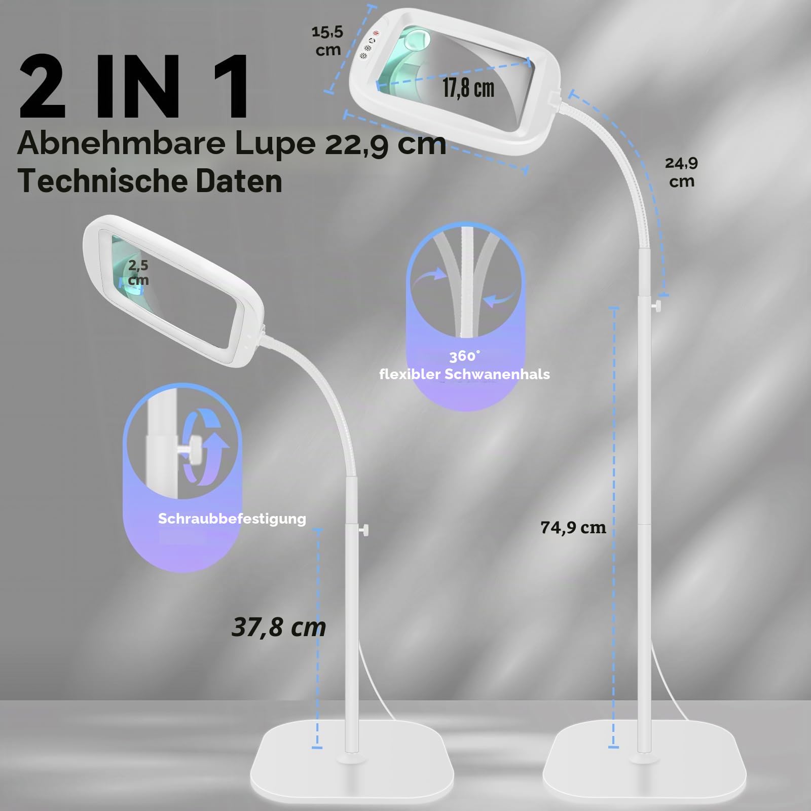 NZQXJXZ 10X Lupe mit Licht und Ständer, Flexible Schwenkarm Lupenleuchte mit 60 LED, 5 Farbmodus Dimmbare Helligkeit Leselupe mit Licht für Senioren, Lesen, Nähen, Handwerk, Feinarbeit,Weiß