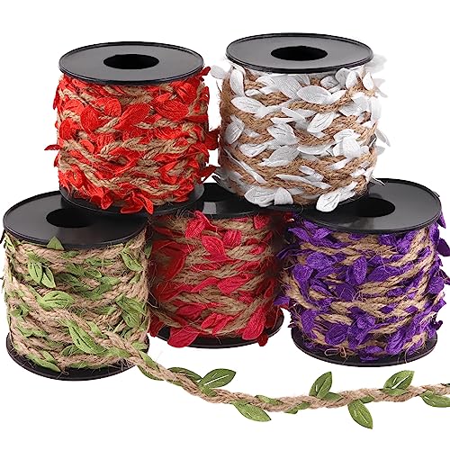 Glarks Juego de 5 rollos de cinta de hojas de 33 pies, cordel de yute natural de 5 colores con cuerdas de hojas de vid artificiales, cuerda de arpillera trenzada, cinta decorativa de vid para