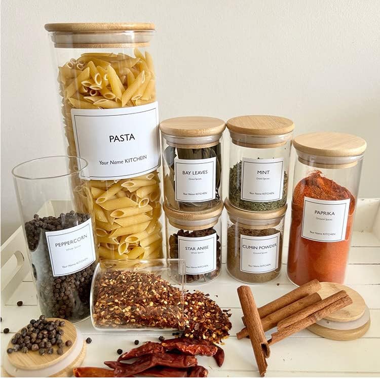 Miniatura 5 de Tarros de especias vacíos, juego de 12 tarros de especias de vidrio con tapa de bambú, botellas de almacenamiento de especias de 6 onzas con