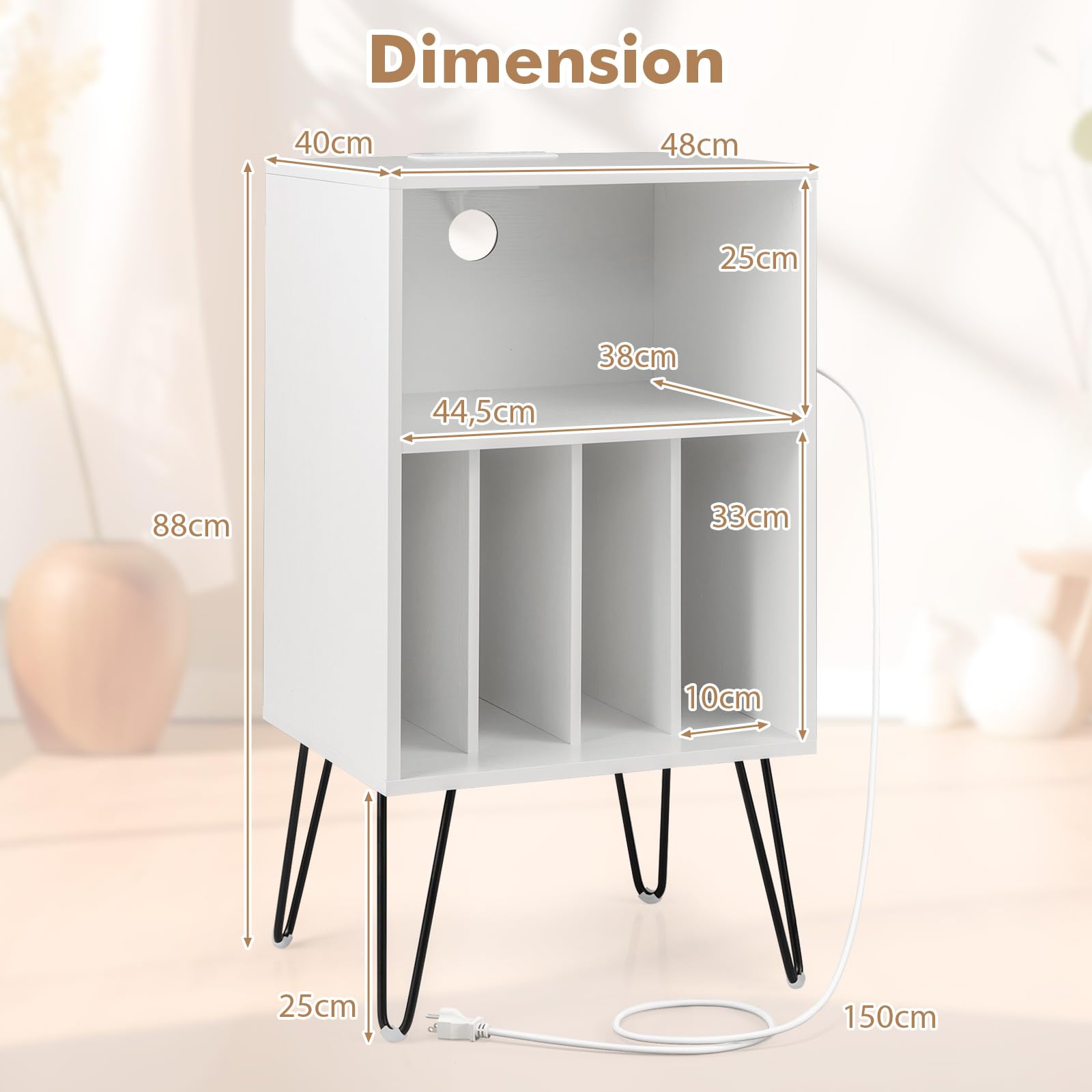 COSTWAY Meuble Tourne-Disque Vinyle avec Prise,Table d’Appoint avec Station de Charge,2 Prises,1 USB,1 Type-C,Pieds en Métal,Bout de Canapé,Support Tourne-Disque pour Salon Chambre (Blanc)