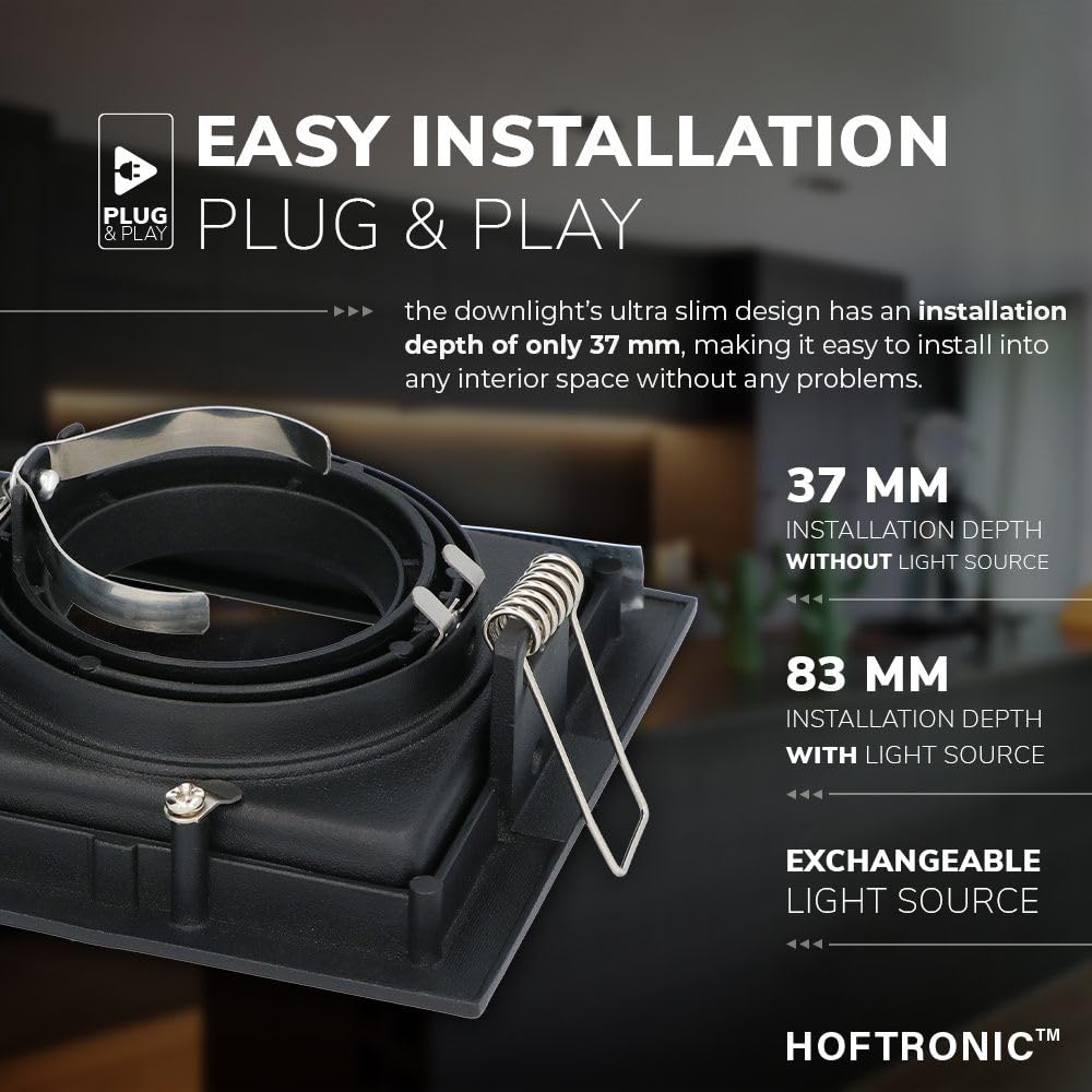 HOFTRONIC - LED Einbaustrahler 230V Eckig Schwenkbar Dimmbar Schwarz Extra Kaltweiß 6er set Deckeneinbauleuchte 6x345lm Einbauspots GU10 - Deckeneinbaustrahler, Wohnzimmer und Büro