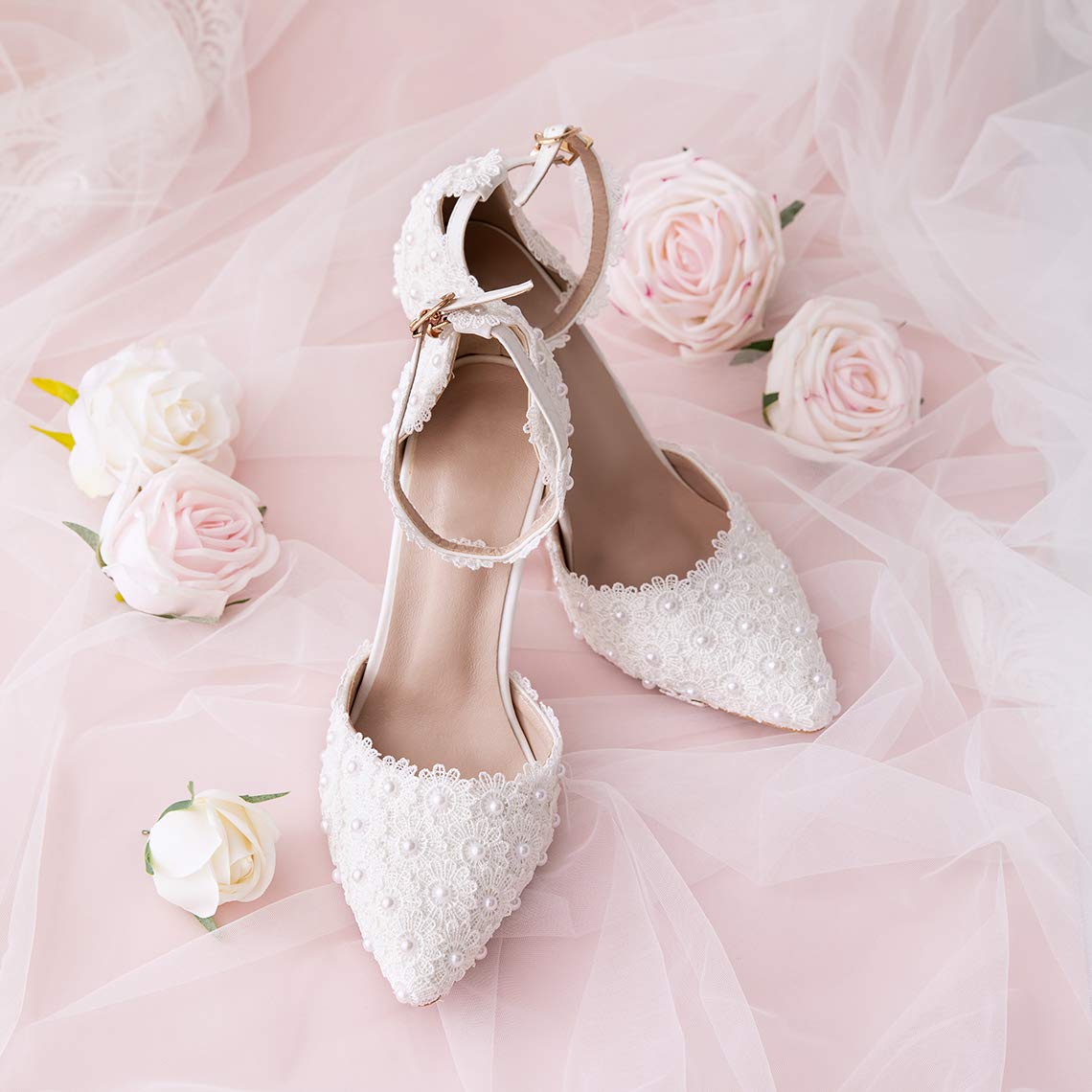 Sandalias de tacón alto para mujer, con puntera cerrada, con encaje floral, perlas, correa de aguja, zapatos de fiesta de boda, 3.74 pulgadas, Blanco 7