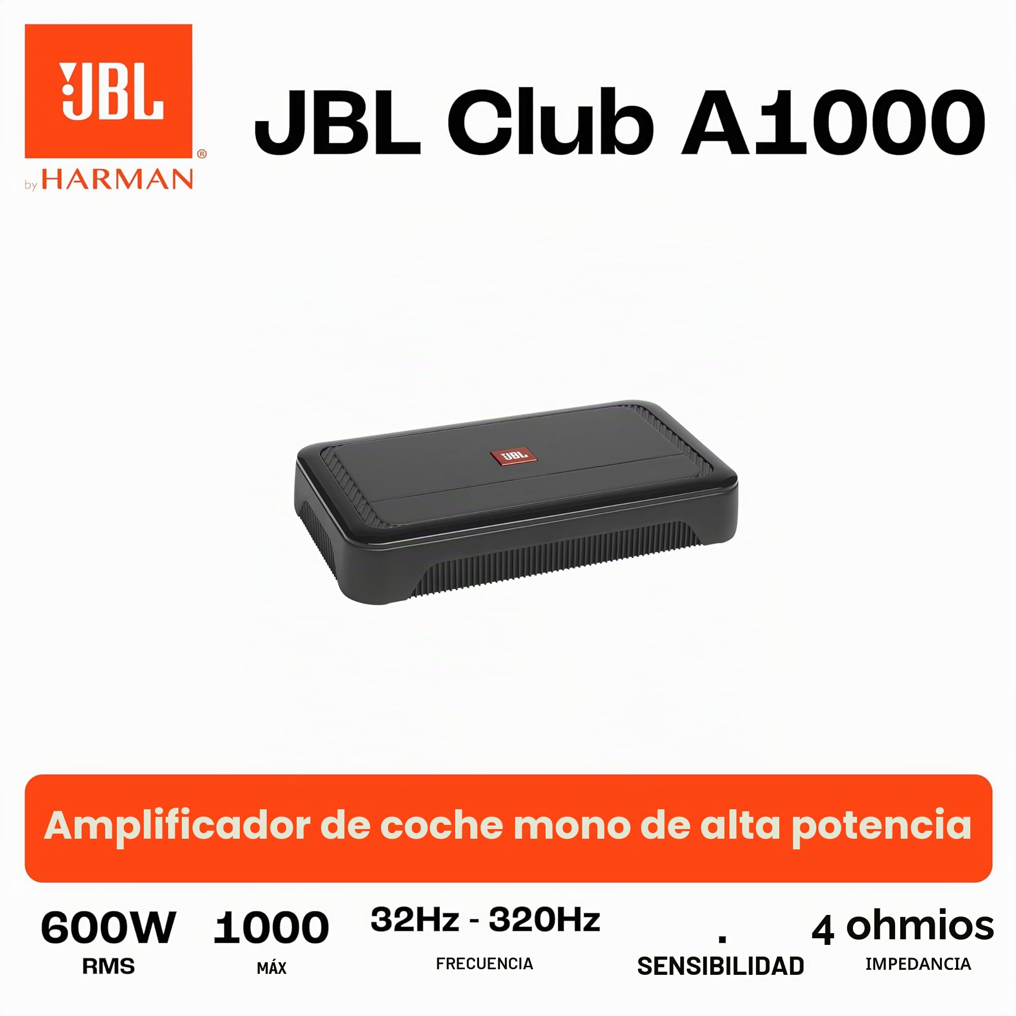 JBL Club A1000 Amplificador Mono para Subwoofer con 600W RMS a 4Ω, 1000W RMS a 2Ω, tecnología Class D, Respuesta 10–320Hz, Filtro LP Variable, Refuerzo de Graves y práctico Control Remoto Incluido