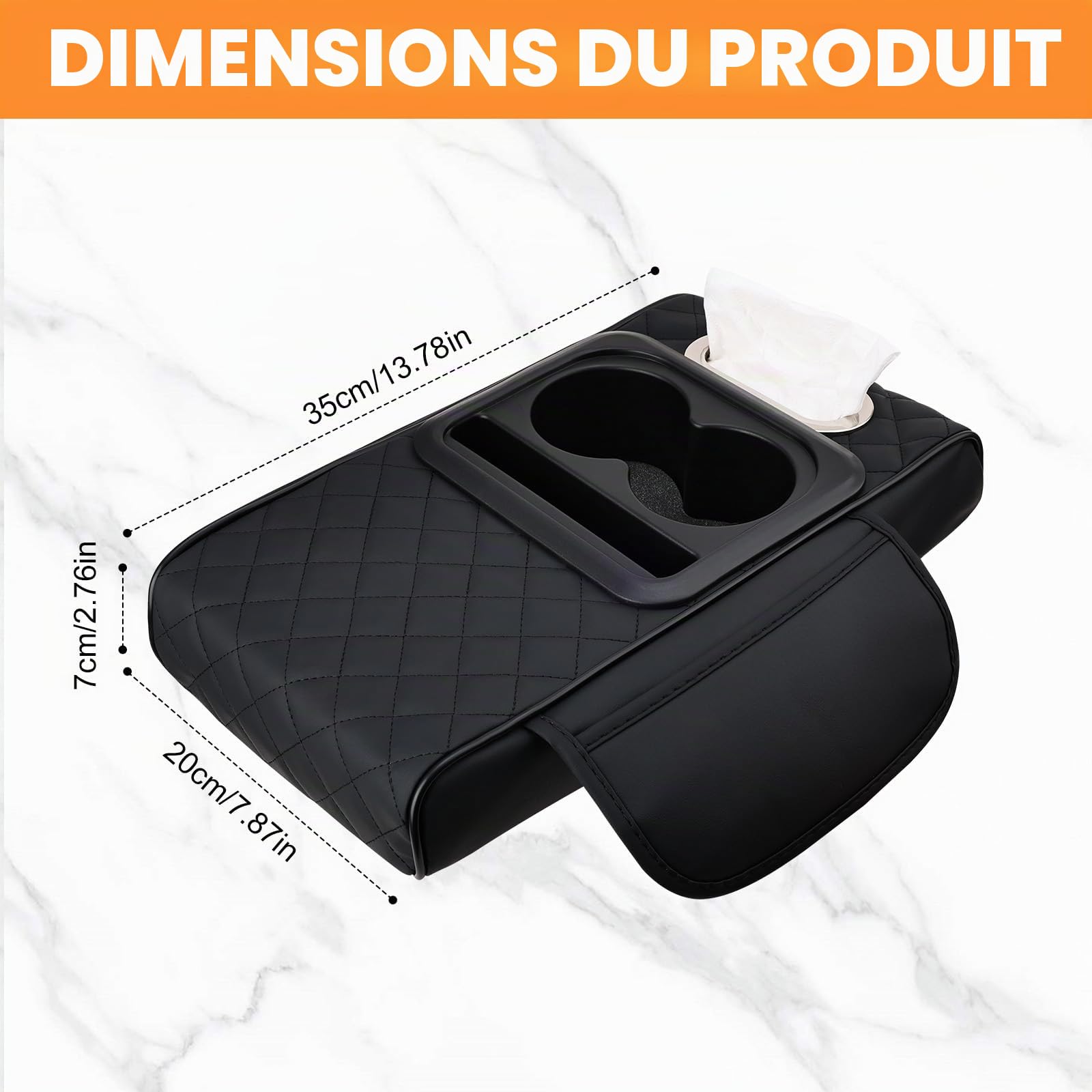 Coussin d’accoudoir de Voiture Universel Multifonction,Housse Console Centrale avec Poches et Porte-gobelet – rehausseur en Mousse mémoire,Cuir synthétique PU,pour Voitures,SUV,camions (Noir)