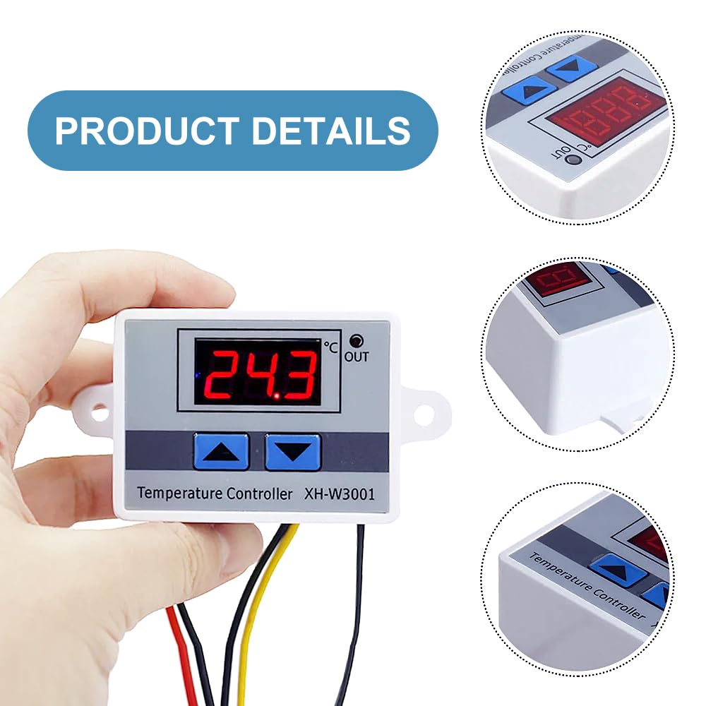 XH-W3001 Digitaler Temperaturregler, 4 Stück Temperaturschalter, DC 12V Digital Thermostat mit Wasserdichter Sonde, Thermostat Schalter für Gewächshaus, Aquarium, Inkubator, Heizung Kühlung