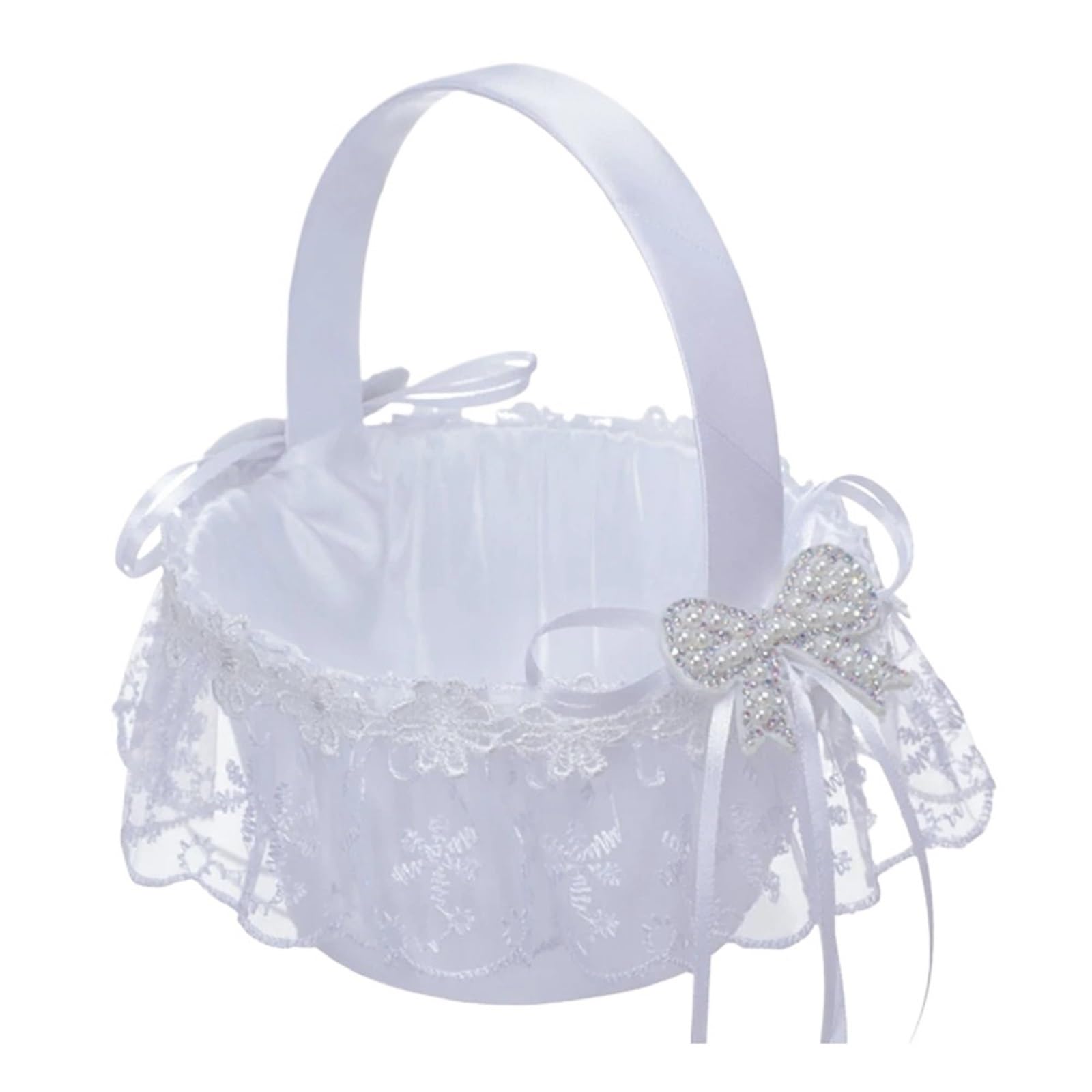 Flower Girl Bow Basket White Lace Hand Held Bowknot