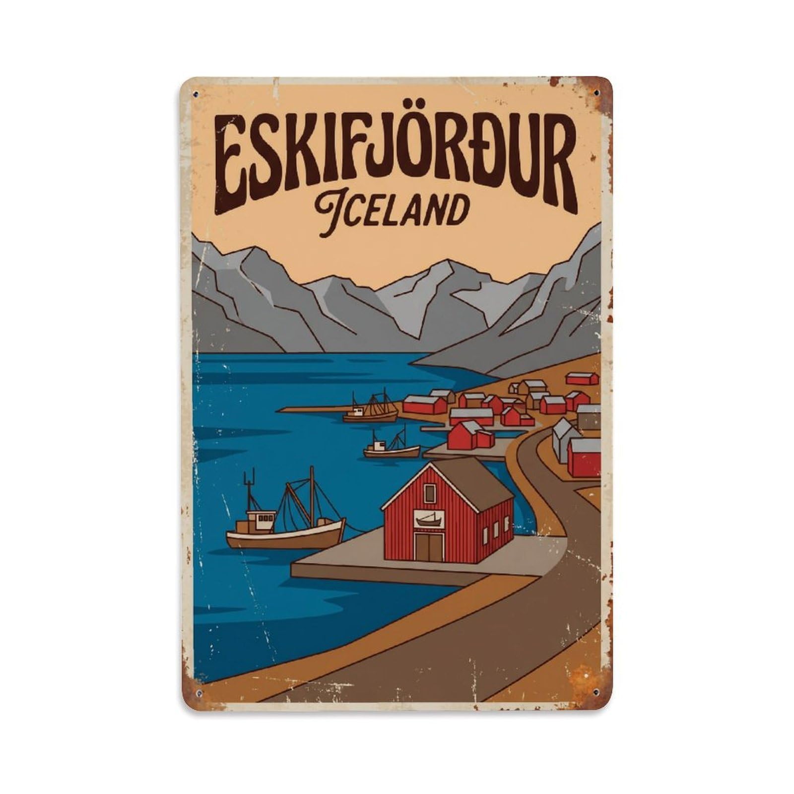 Vintage Travel Eskifjordur Iceland Maritime Metal Tin Sign