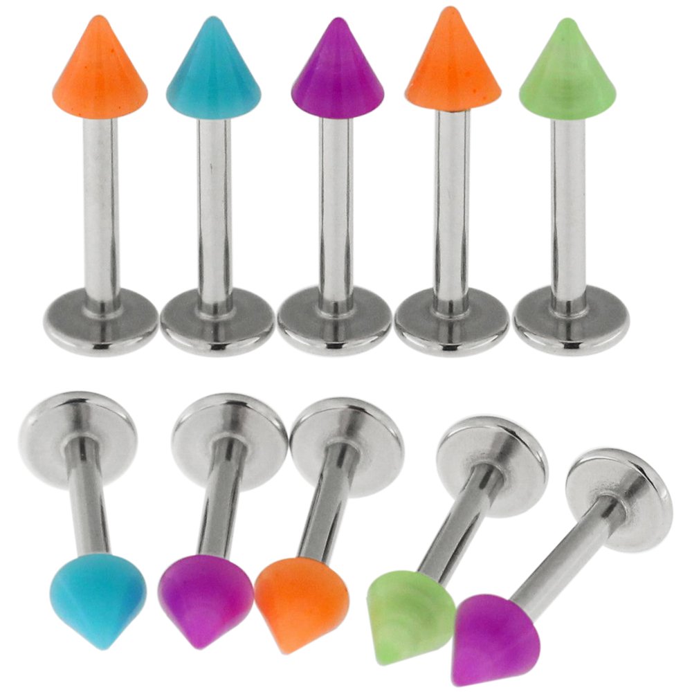 10 Pieces Set of UV Solid Colored Cone with 16 Gauge 316L Surgical Steel Labret Body Jewelry