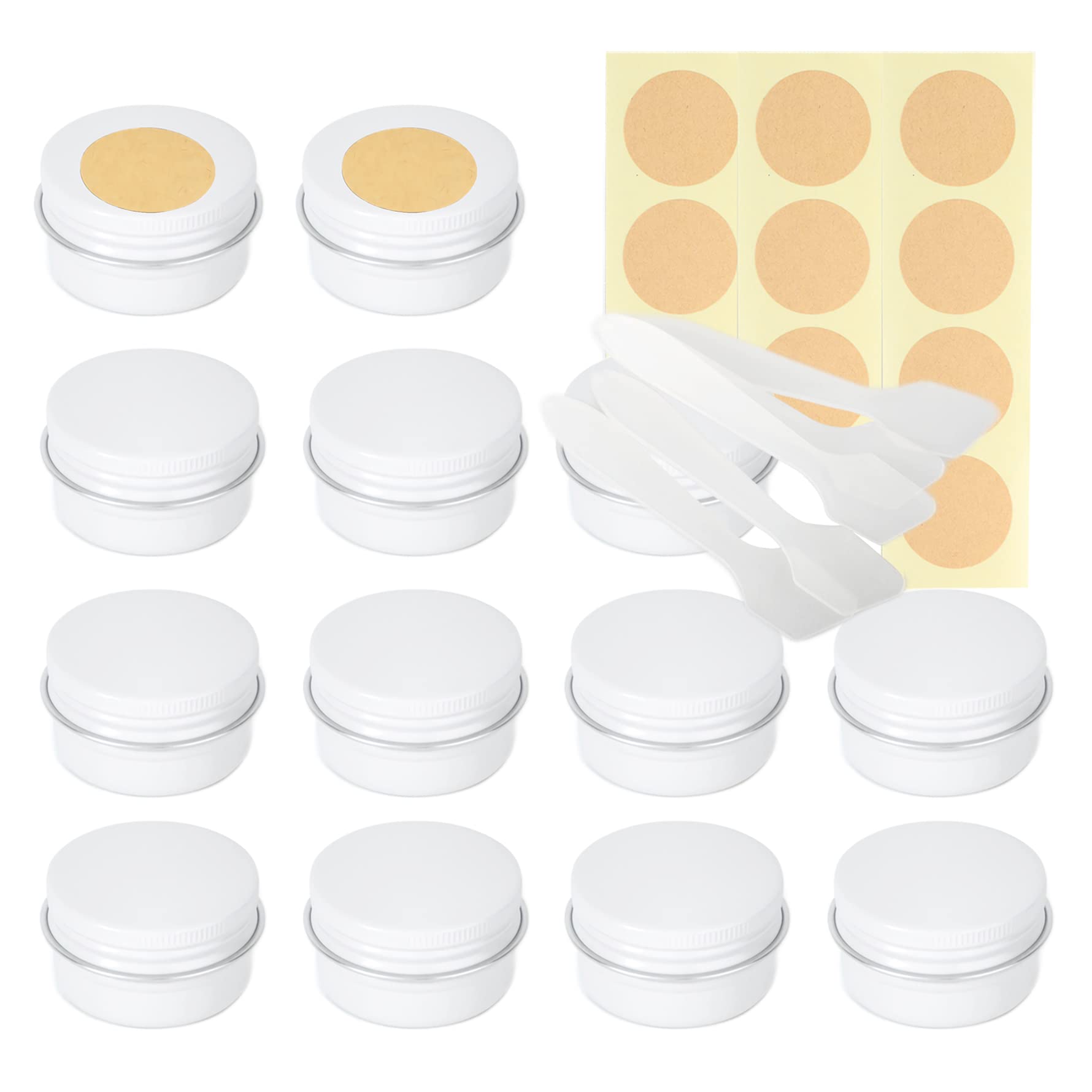 LusDoly Pack of 50 Empty 5ml White Aluminium Tins with Lids - Ø26x15mm Aluminum Screw Pots Travel Round Cosmetic Cream Container Jars for Candle Lip Balm, Salve, with Spatulas & Labels
