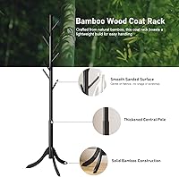 Vista 2 de Black Coat Rack Stand, Bamboo Wood Freestanding Coat Tree with 8 Hooks, Hallway Entryway Hat Hanger Organizer Standing for Bedroom, Office, Clothes