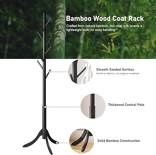 Miniatura 2 de Black Coat Rack Stand, Bamboo Wood Freestanding Coat Tree with 8 Hooks, Hallway Entryway Hat Hanger Organizer Standing for Bedroom, Office, Clothes,