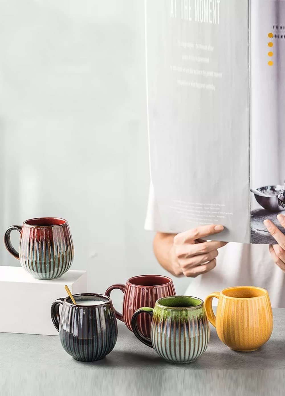 Saumo 5er Set 480 ml Hochwertige Handgefertigte Kaffeetassen aus Porzellan, Kaffee - Tasse in Modern Vintage Design - große Kaffeebecher mit großem Henkel für Kaffee & Tee